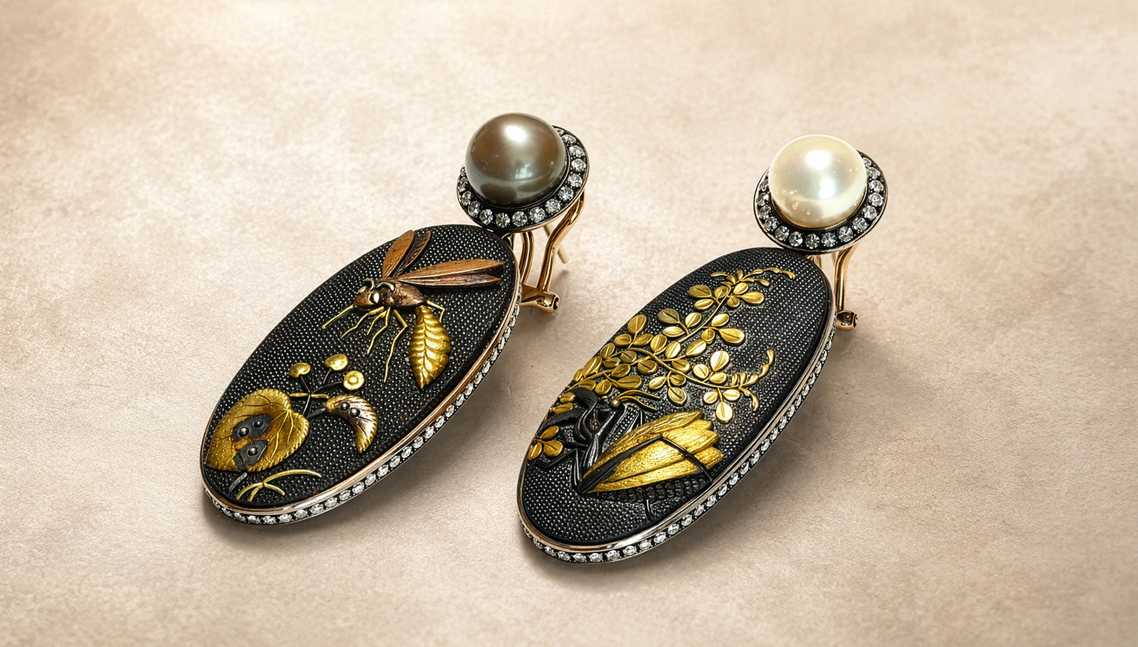 Edo period Shakudo natural pearl and diamond earrings