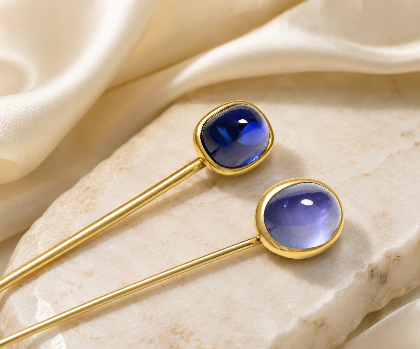 Kashmir and Ceylon sapphire stick pins from DSF Antique Jewelry’s rare gemstone collection