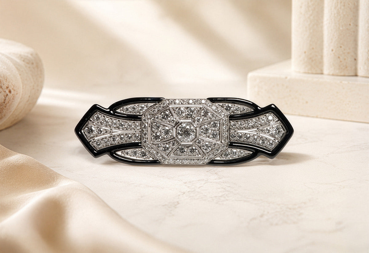 Tiffany Art Deco diamond and onyx brooch with geometric platinum design by DSF Antique Jewelry