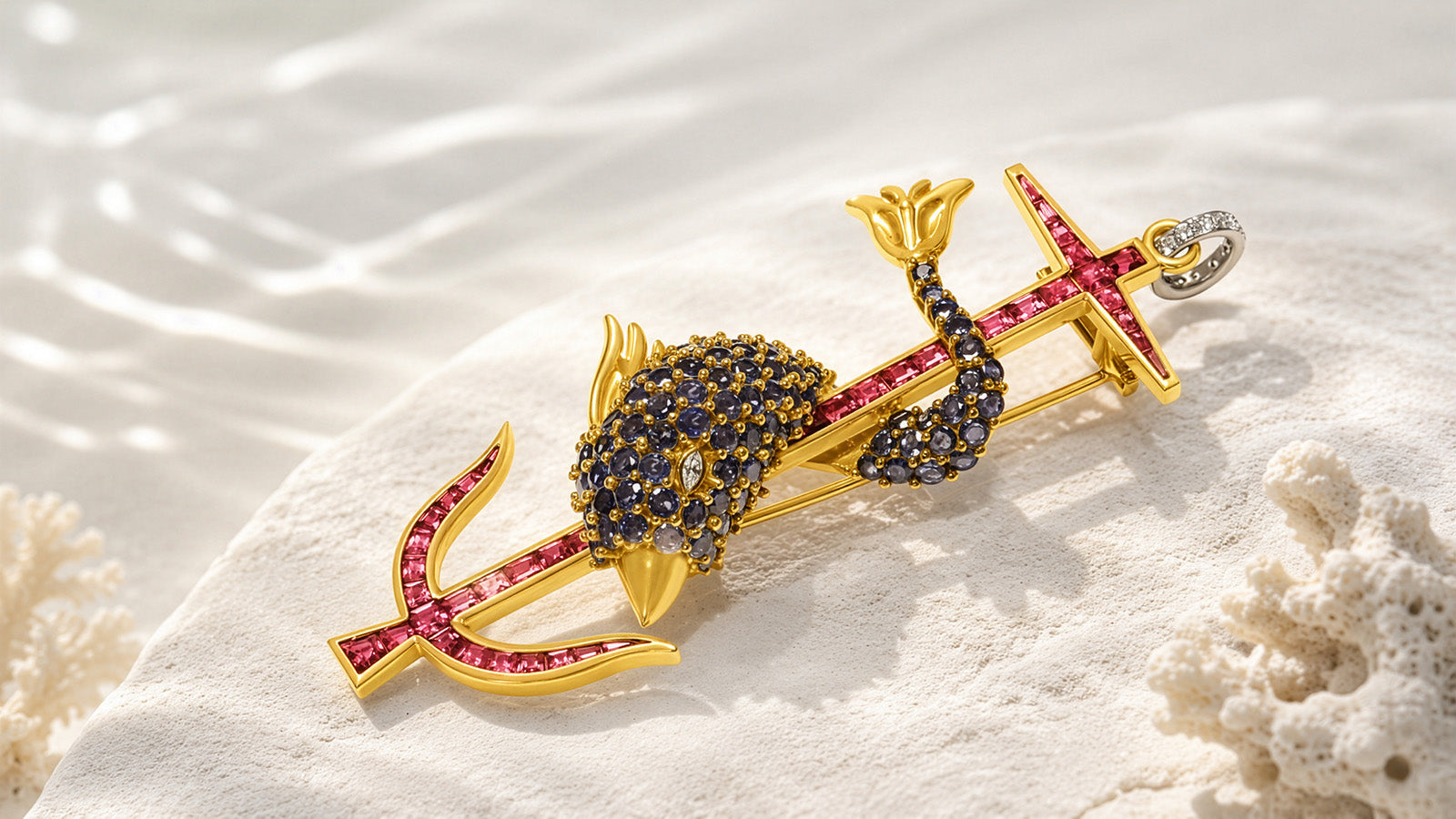 Helen Ringus dolphin and anchor pendant brooch on a light background, featured in DSF Antique Jewelry’s article about ocean-inspired jewelry and the Bruce Museum exhibition.