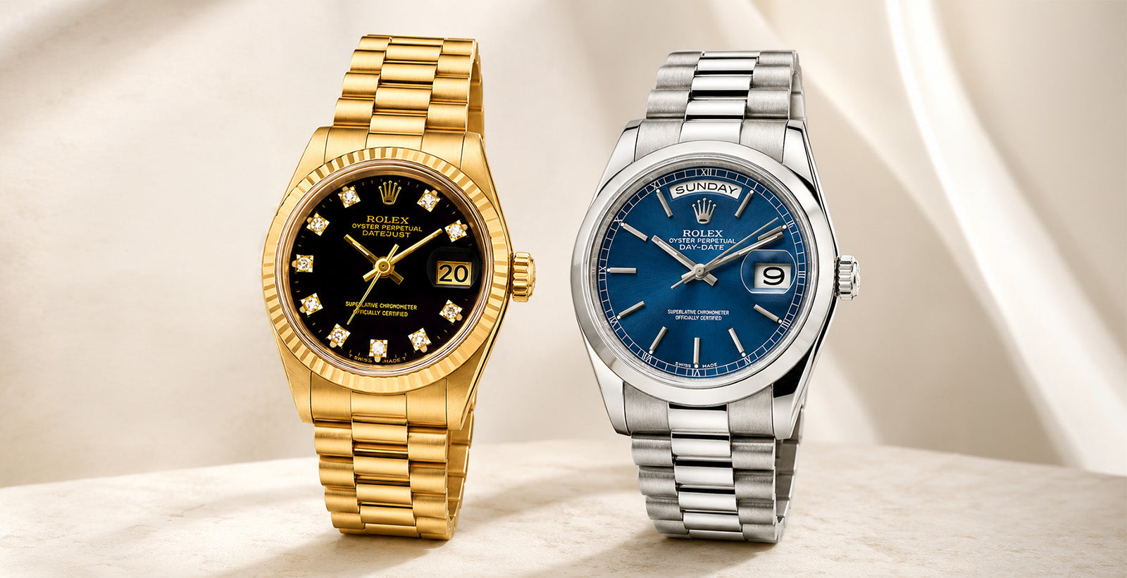Rolex Presidential watches in gold and platinum, featuring Datejust 69178 and Day-Date President 118206