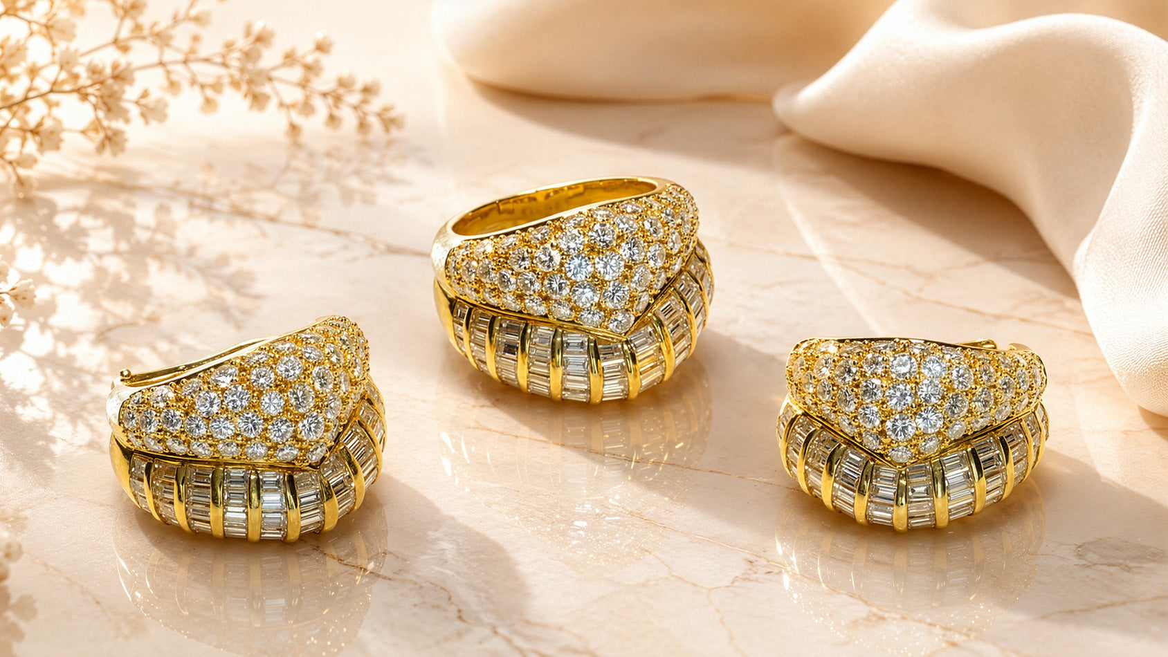 Marina B Diamond and gold ring with matching earrings styled on a glossy marble surface with soft cream fabric, created as a luxury editorial image for DSF Antique Jewelry’s