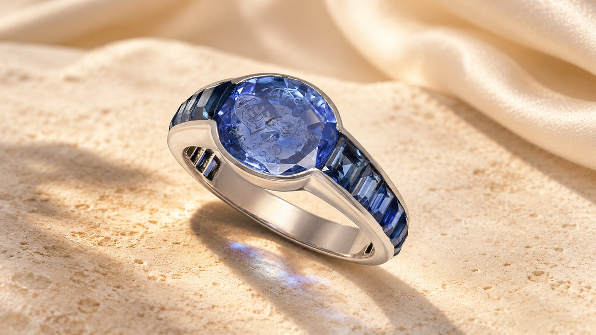 Platinum ring with a carved blue sapphire intaglio and sapphire-set shoulders against a warm background.