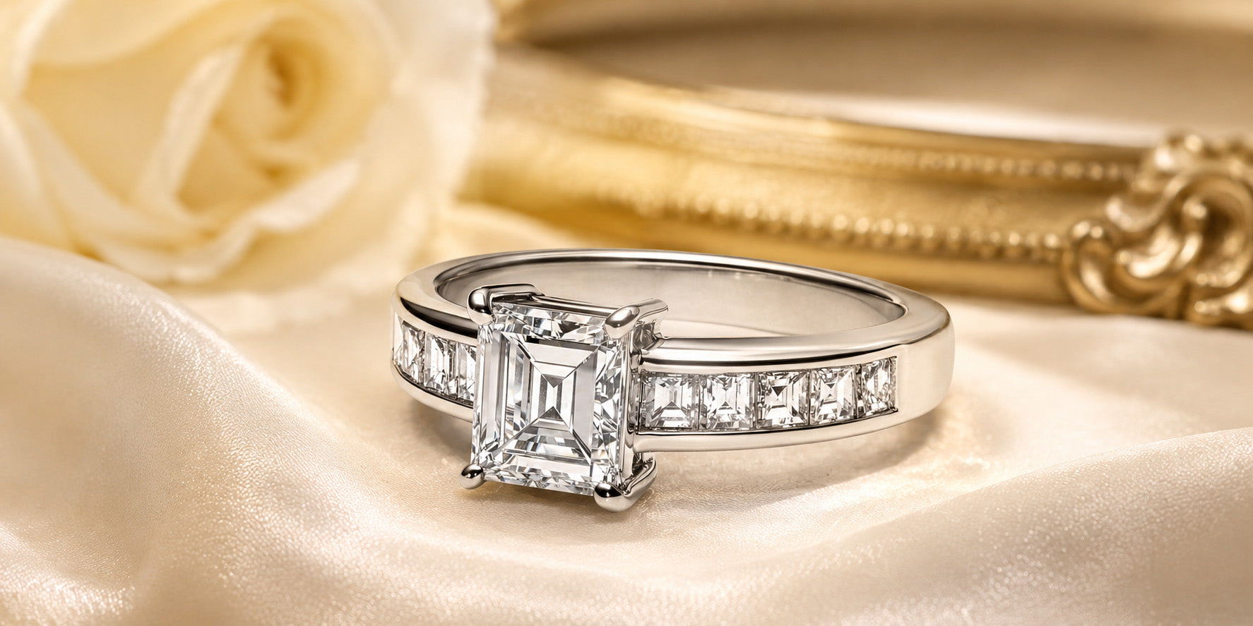 Diamond engagement ring with emerald-cut center stone and channel-set side diamonds