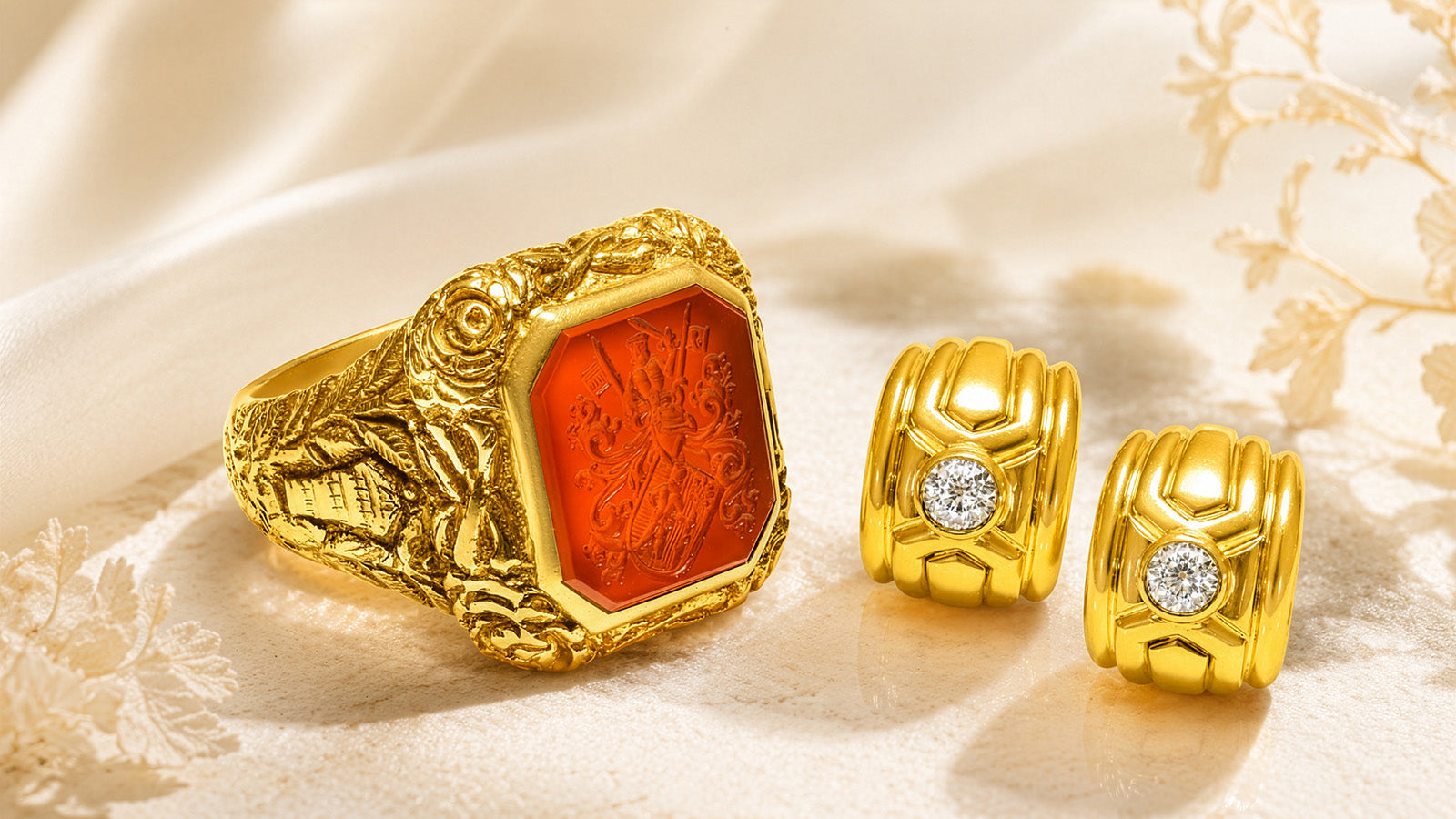 Gold carnelian intaglio ring and diamond earrings featured by DSF Antique Jewelry
