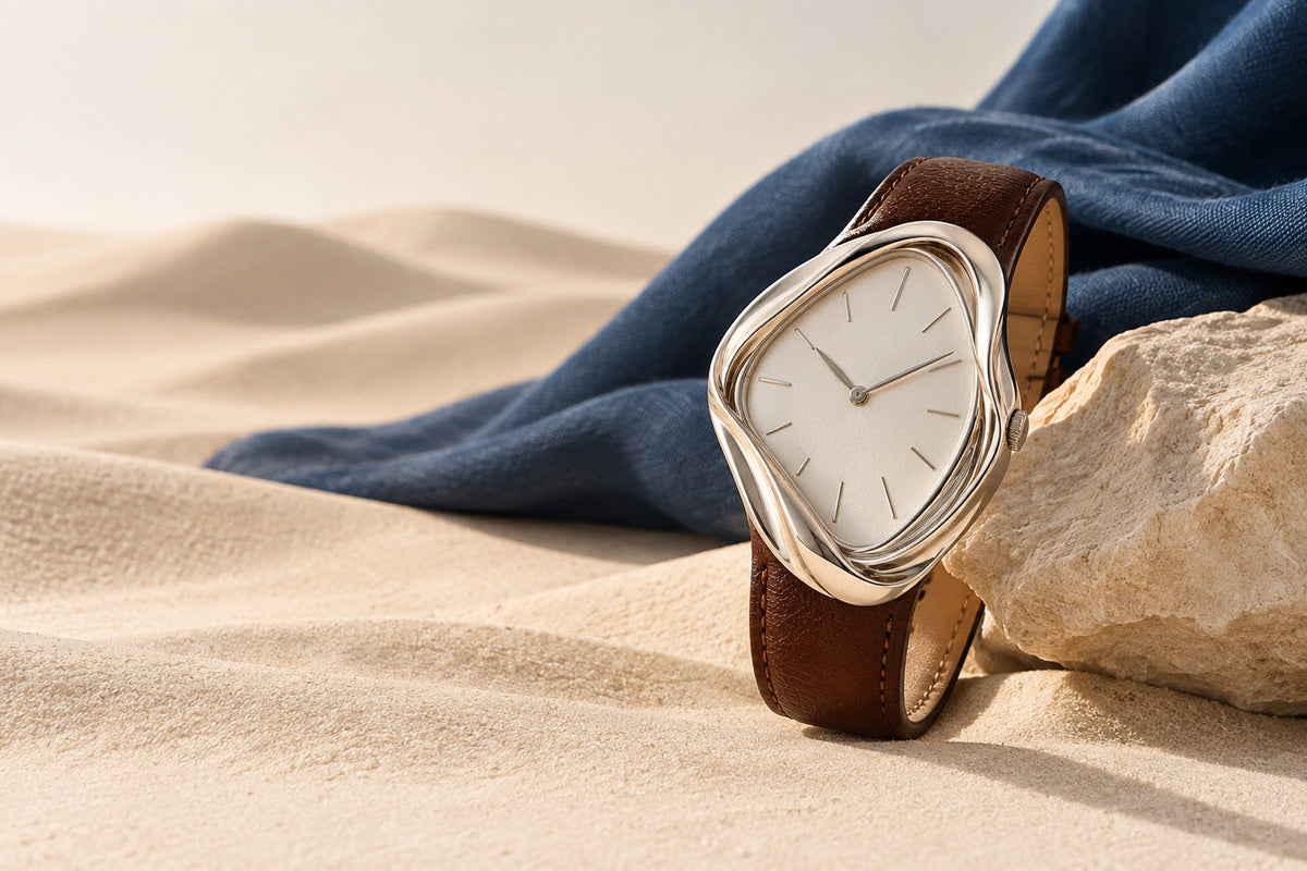 Editorial illustration of a sculptural white-gold watch with a brown leather strap against sand and blue fabric