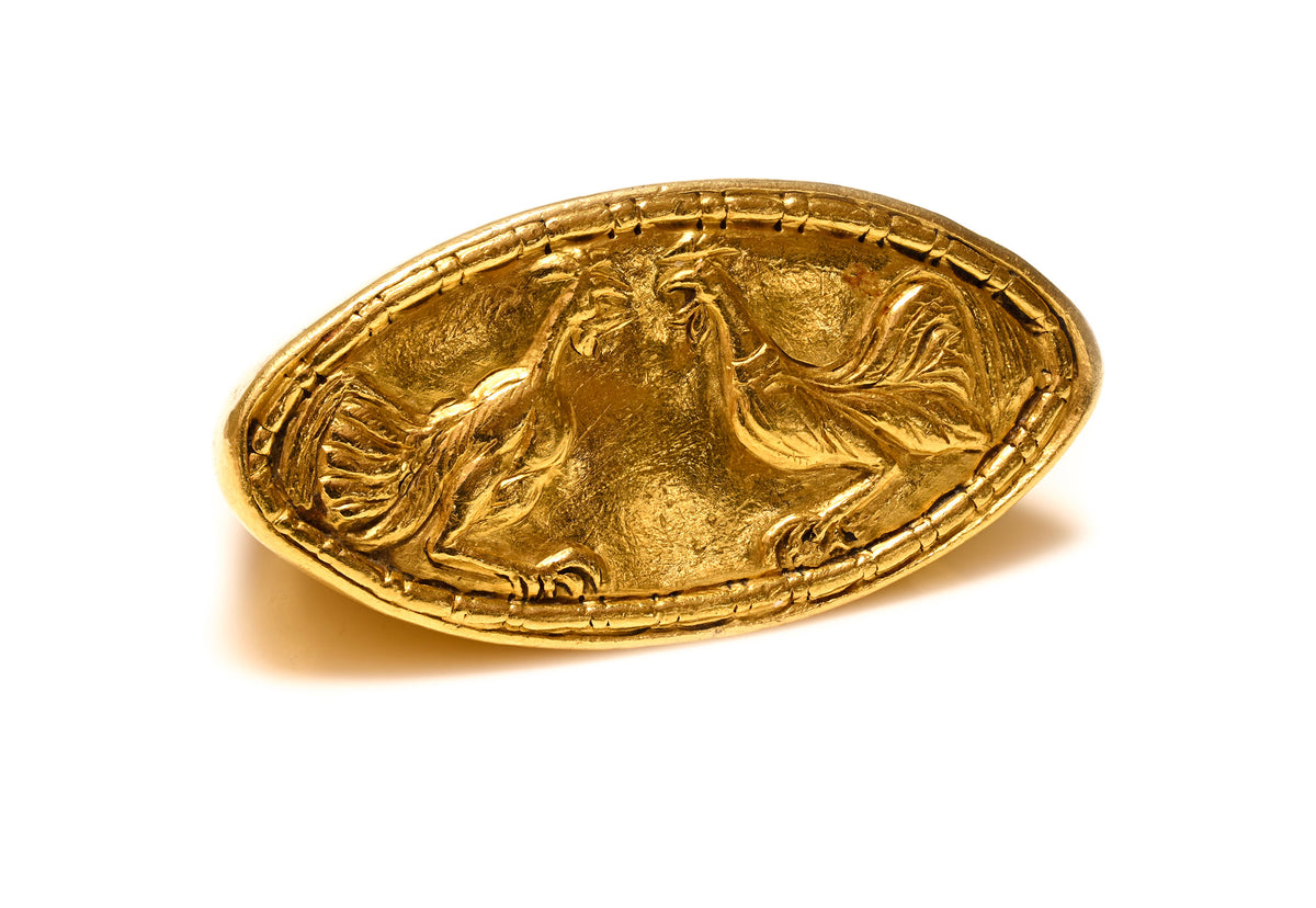 Renaissance 24K Gold Ring with Paired Roosters