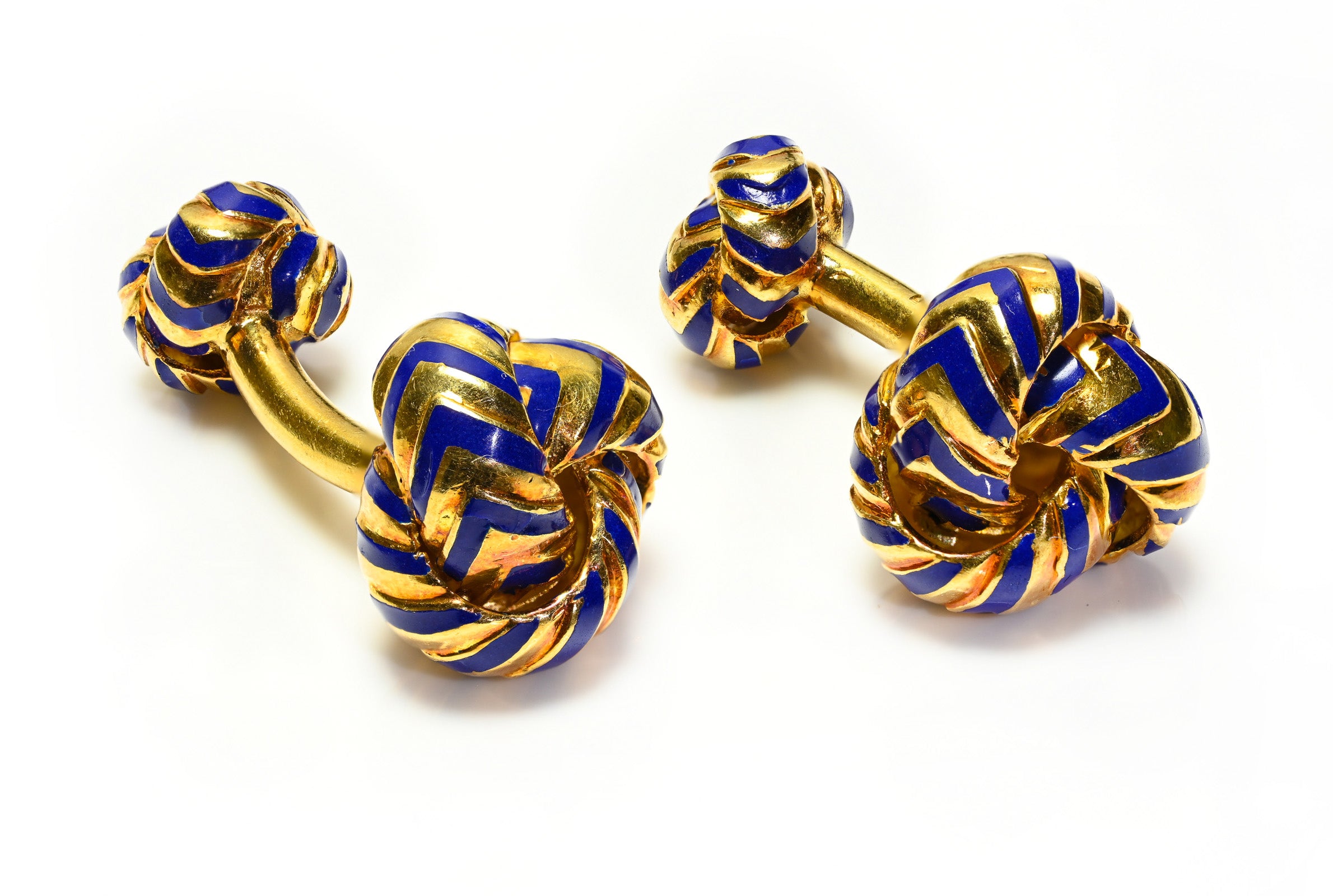 Vintage 18K Gold Blue Enamel Knot Cufflinks Elegance