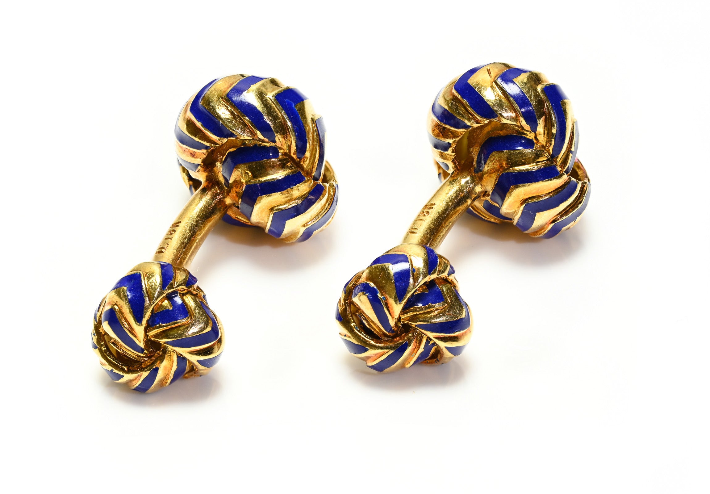 Vintage 18K Yellow Gold Blue Enamel Knot Cufflinks Elegance