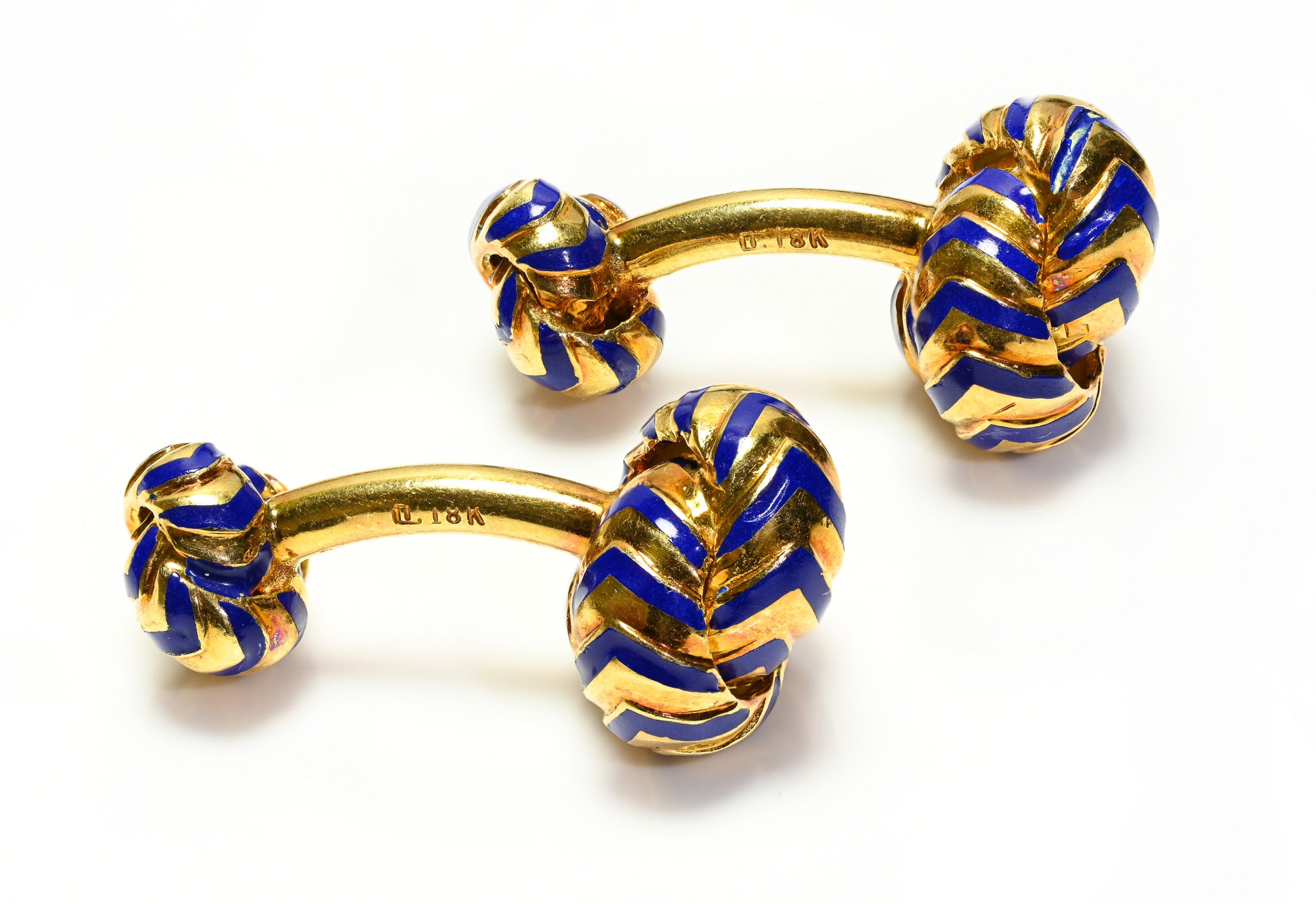 Vintage 18K Yellow Gold Blue Enamel Knot Cufflinks Elegance