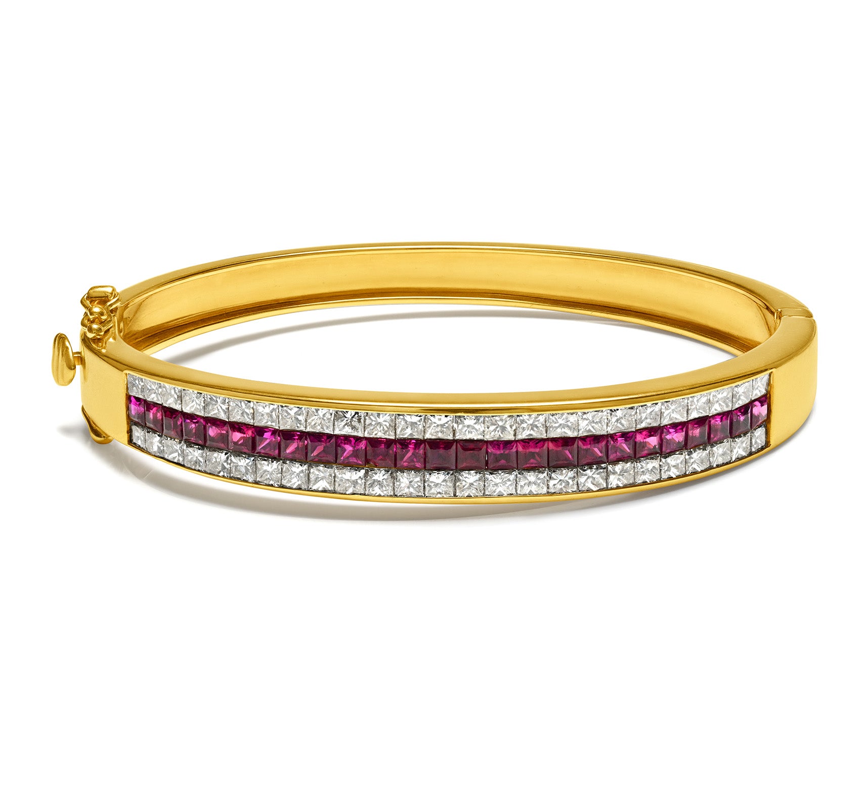 Princess-Cut Diamond Ruby 18K Gold Bangle Bracelet