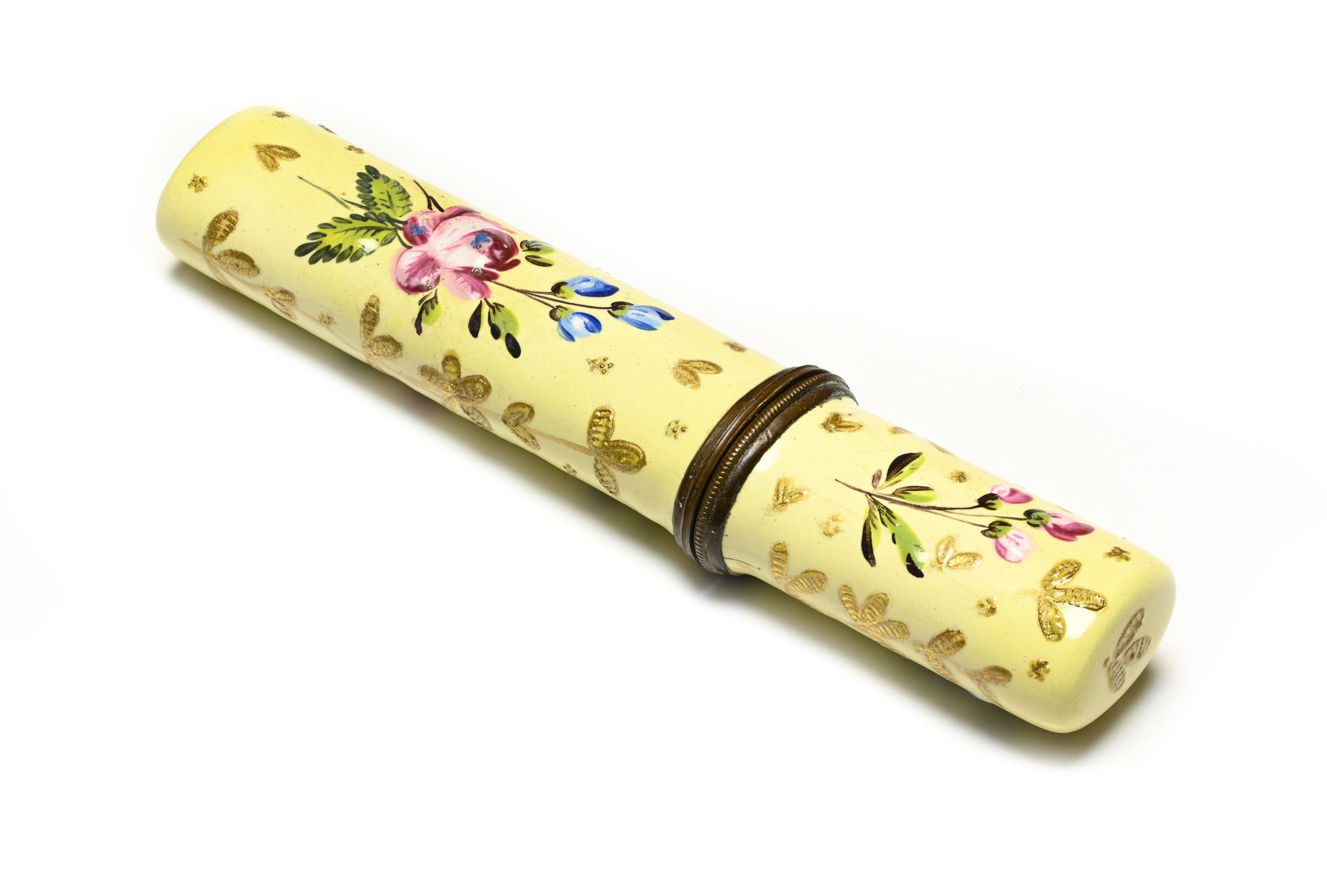 Antique 18th Century Brass Floral Enamel Etui