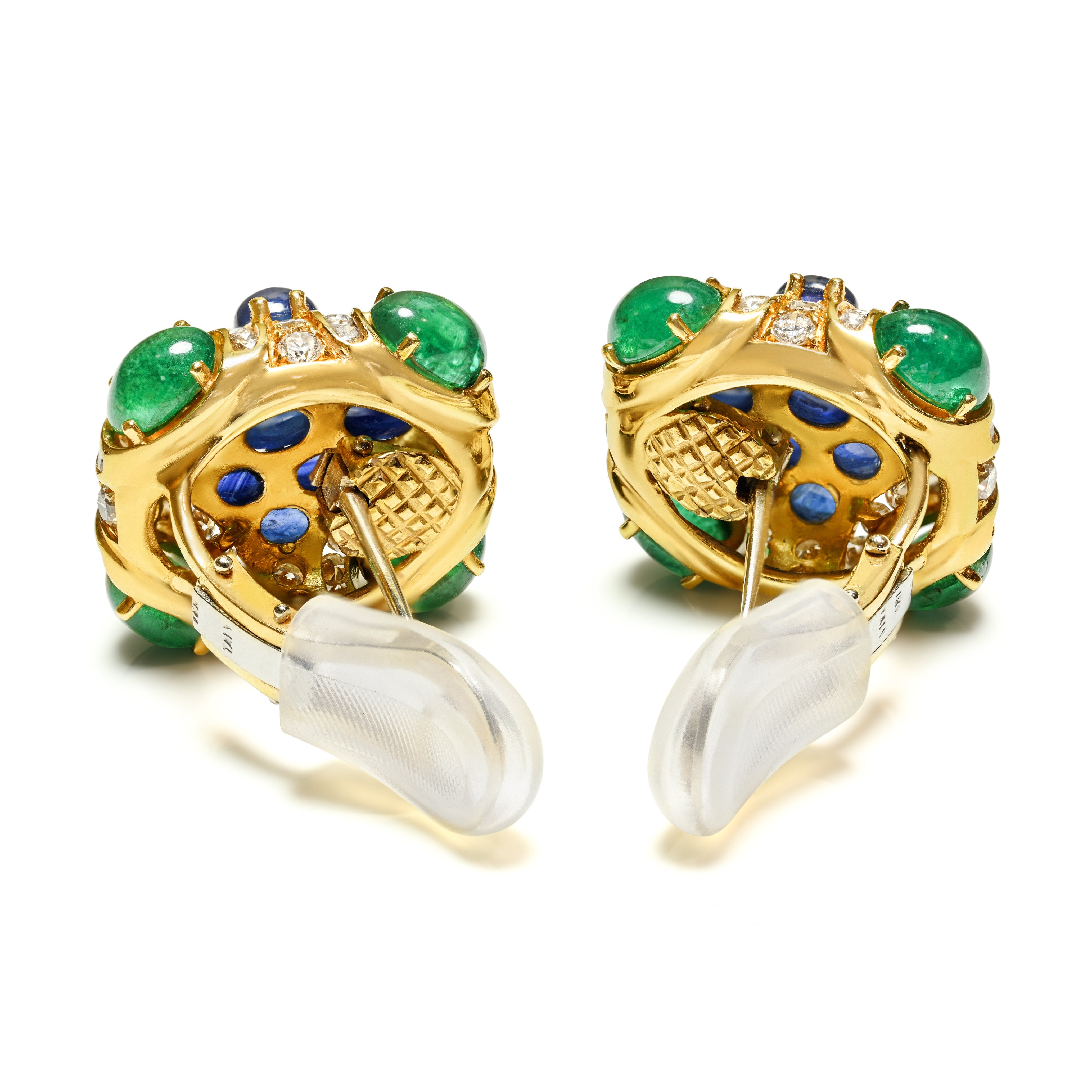 Vintage 18K Earrings Cabochon Emeralds Sapphires Diamonds