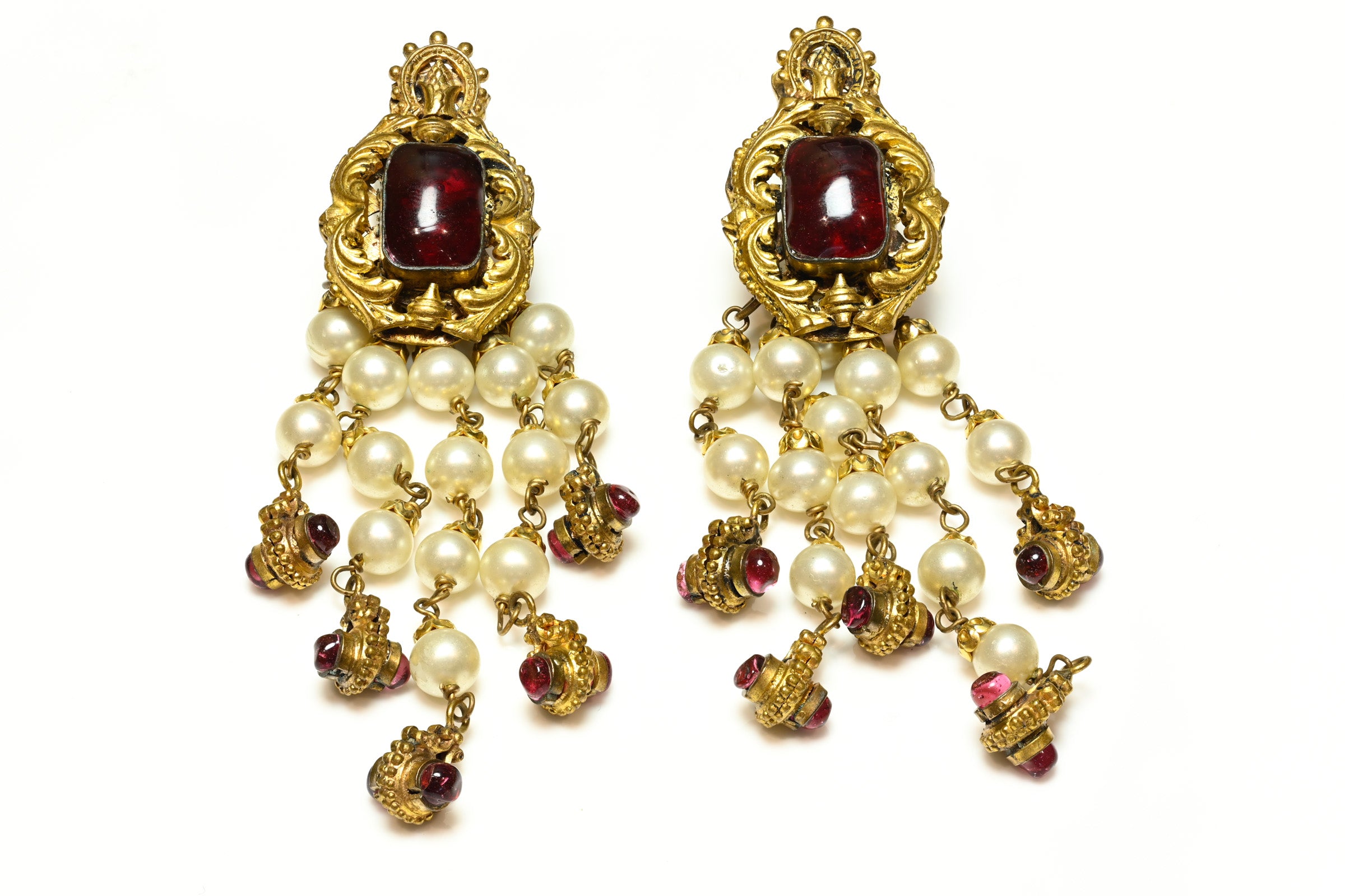Vintage 1984 Chanel Paris Gripoix Red Glass Pearl Tassel Earrings 1