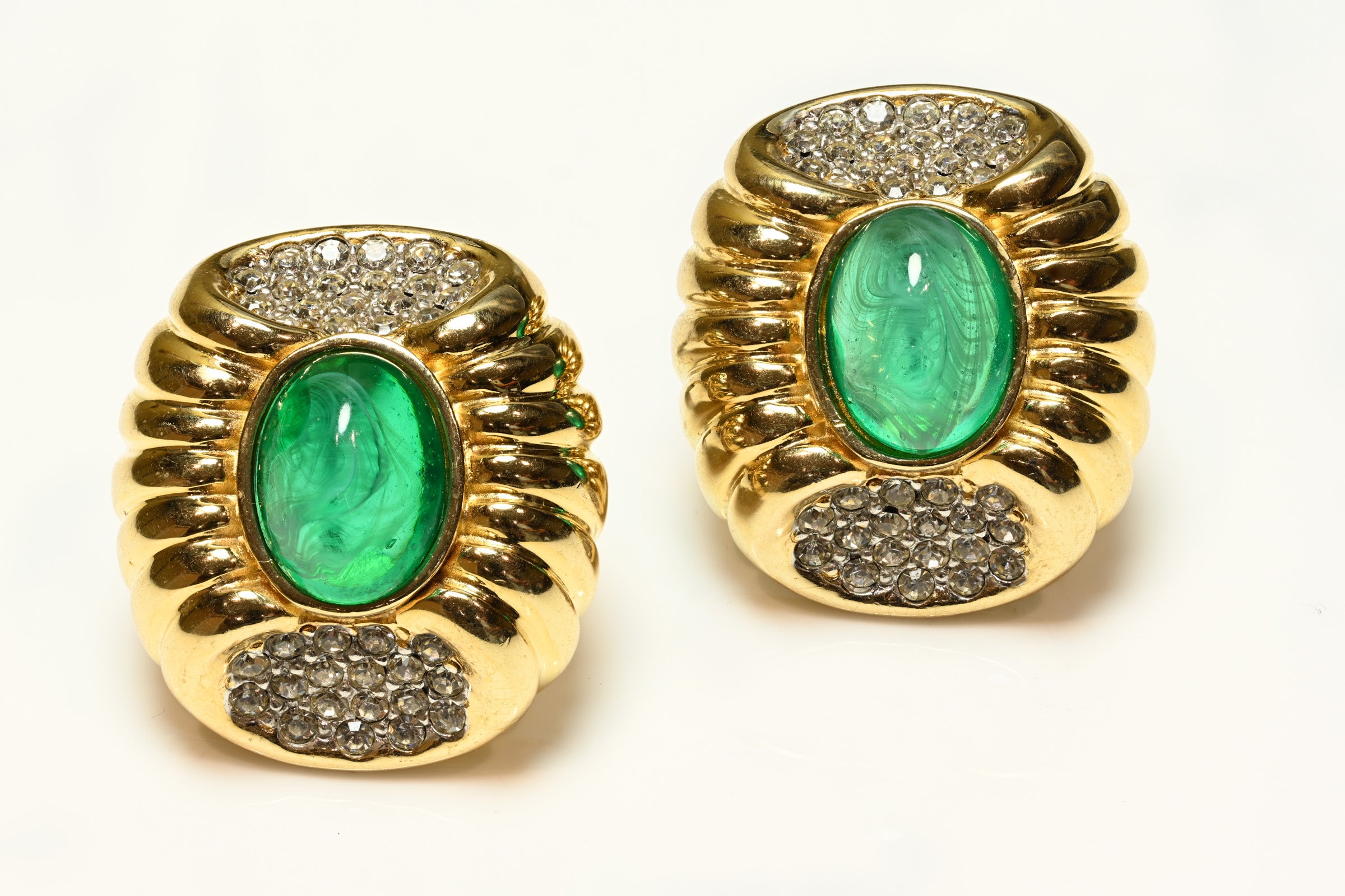Vintage Ciner Gold Plated Green Cabochon Glass Crystal Earrings 1