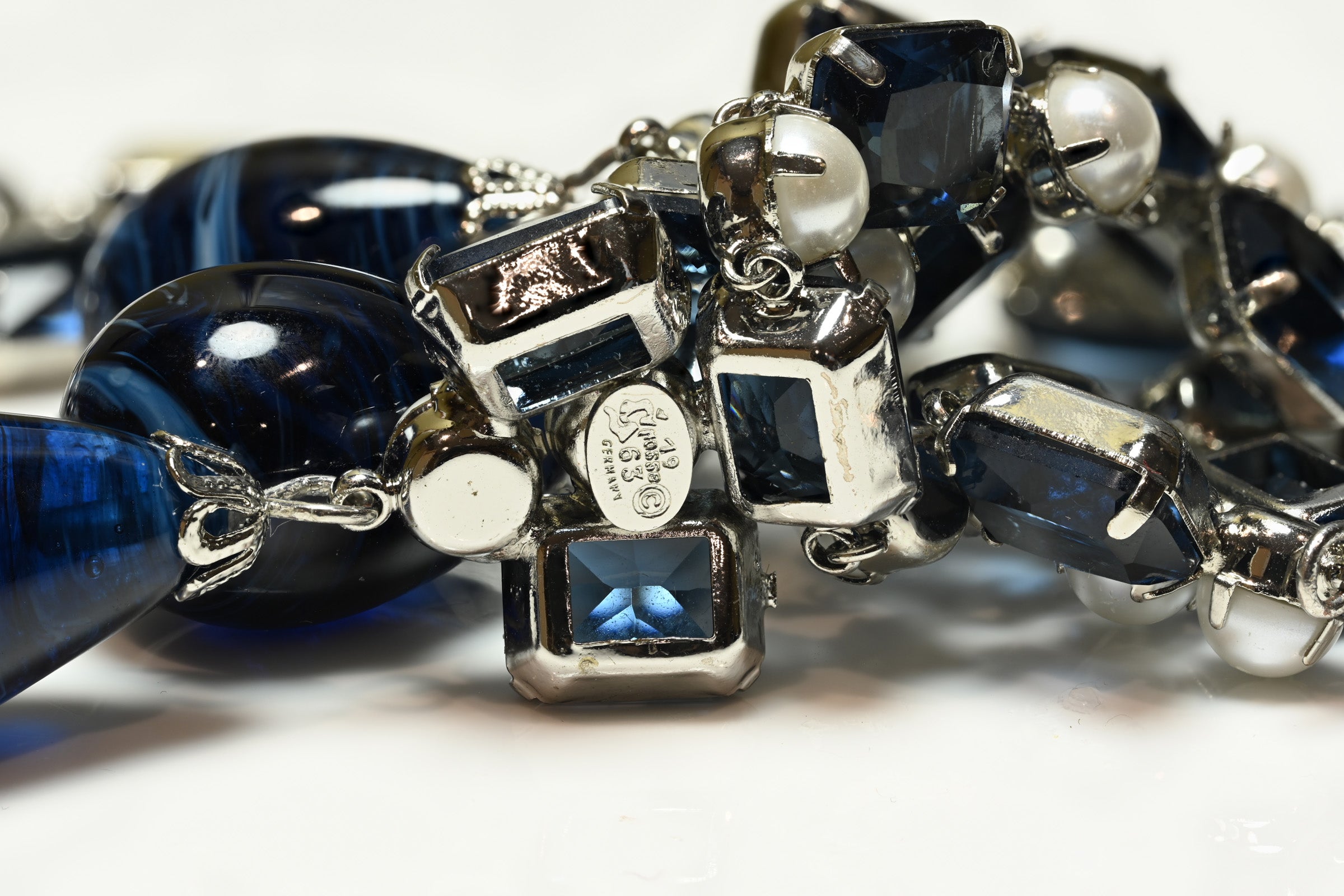 Vintage 1963 Henkel & Grosse Germany Blue Glass Crystal Pearl Necklace 3