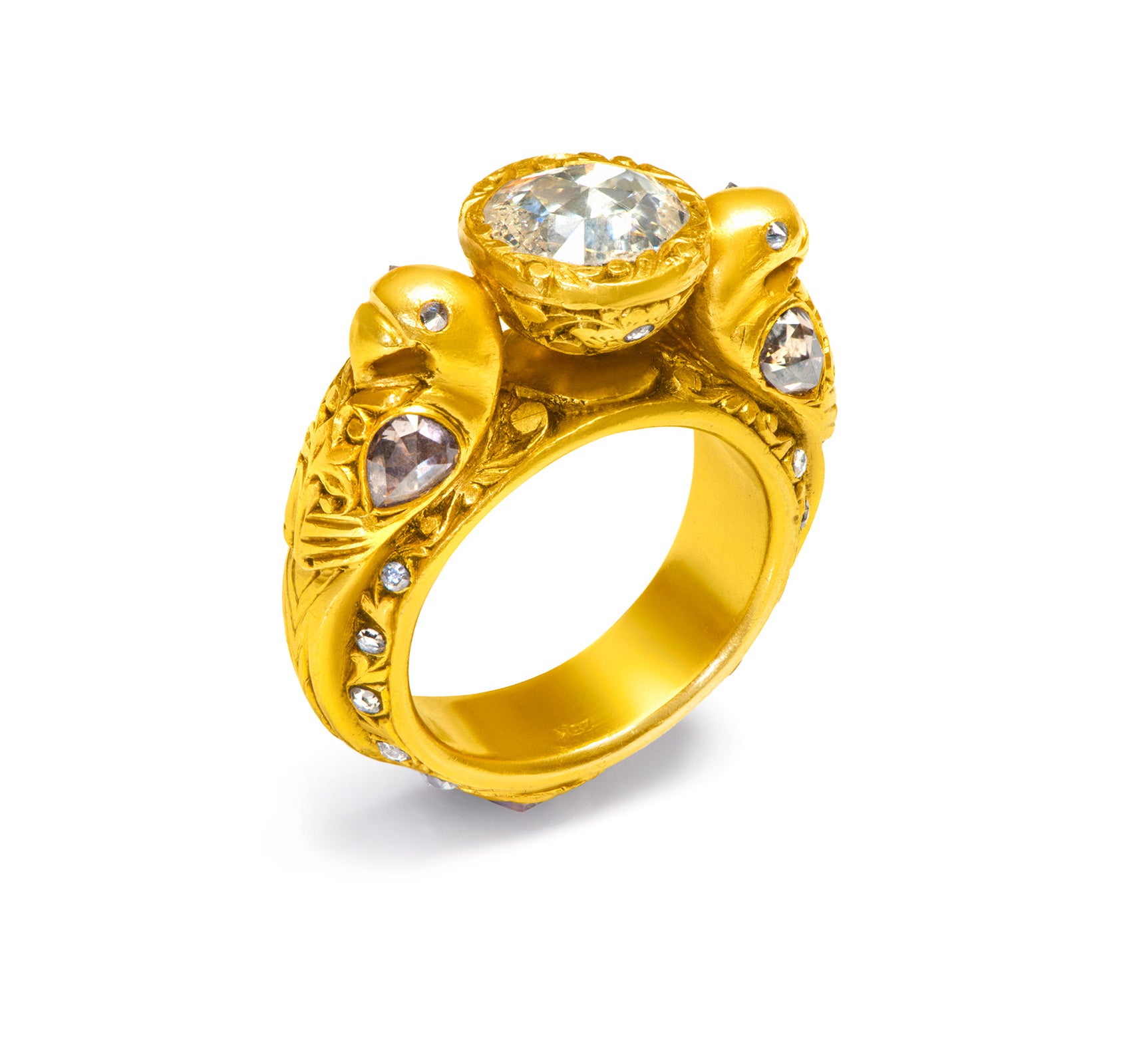 Vintage 23K Carved Gold Rose Diamond Figural Men’s Ring