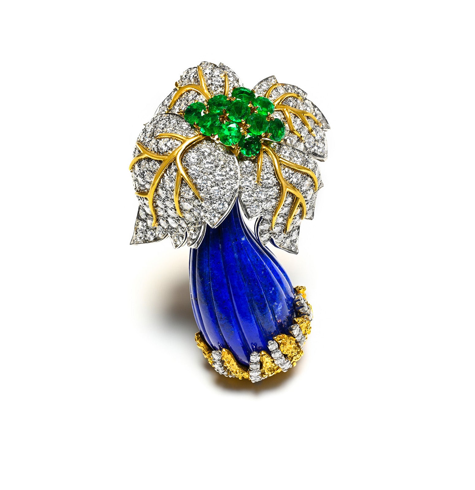 Jean Schlumberger Diamond Lapis Emerald Flower Brooch 18K Gold