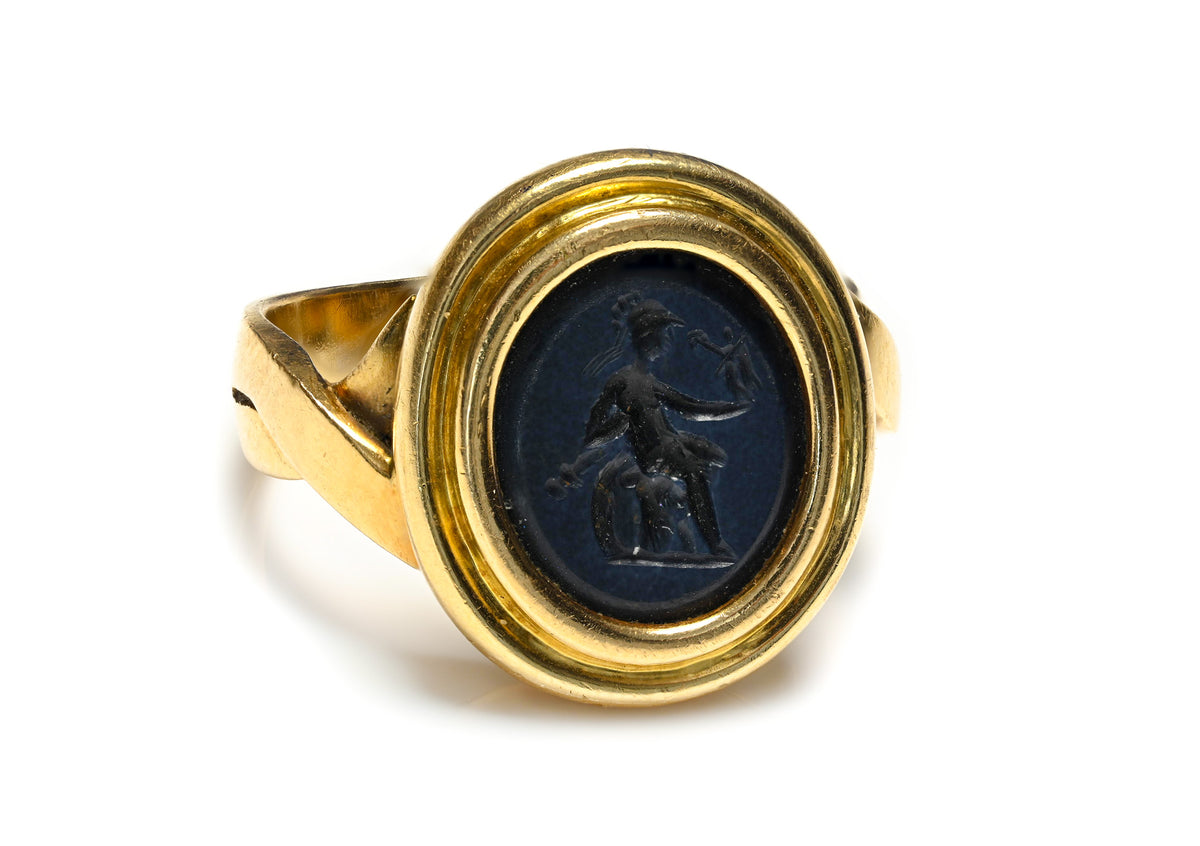 Ancient Roman Intaglio Ring Depicting a Goddess Minerva and Angel