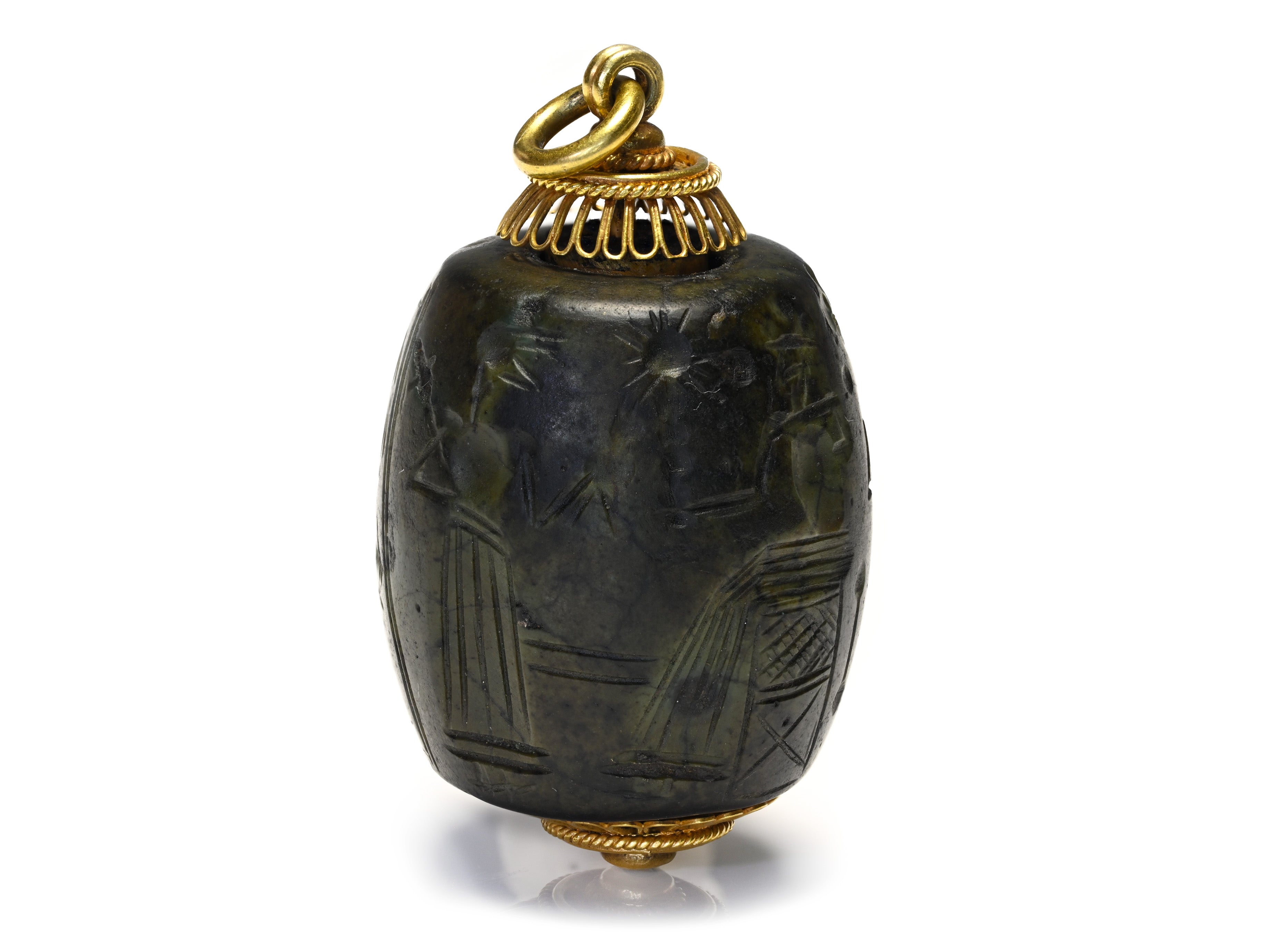 Ancient Sumerian Near Eastern Stone Barrel Seal 24k Gold Pendant, 1300–800 BC