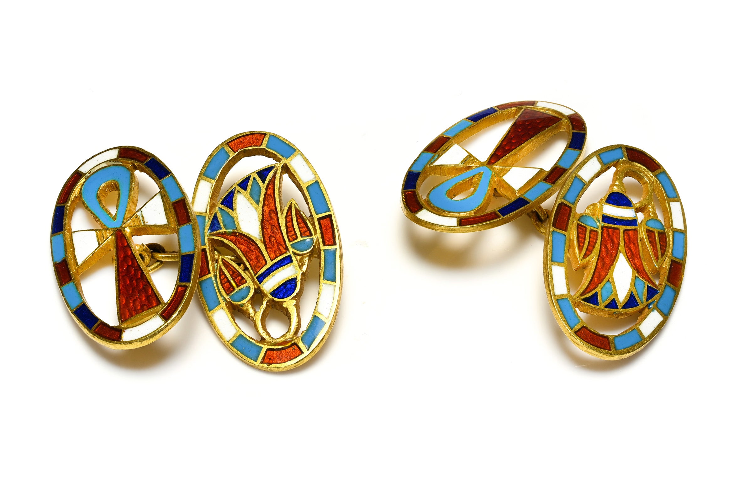 Antique Victorian Egyptian Revival 18K Gold Ankh Papyrus Cufflinks Enamel