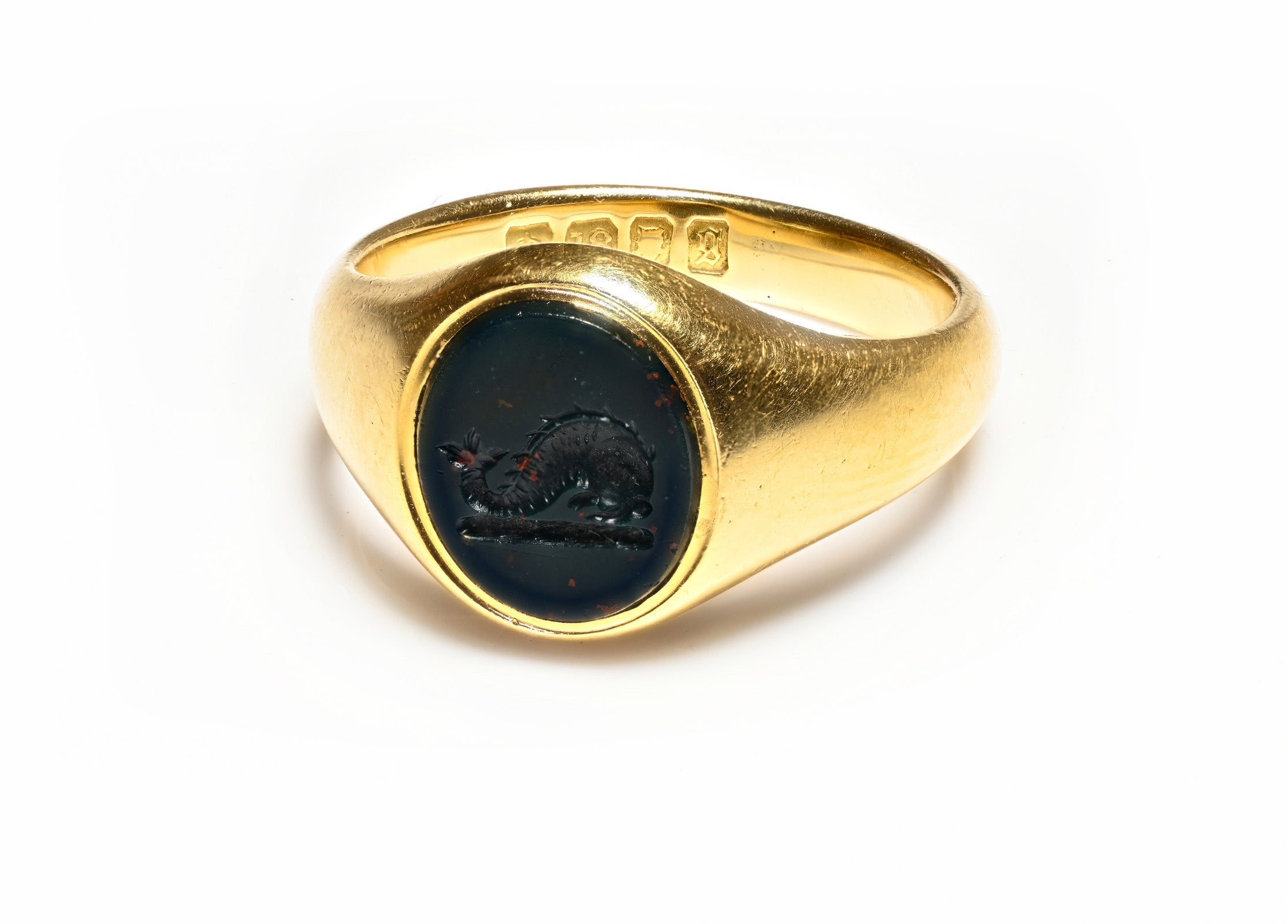 Antique 18K Bloodstone Ring Dolphin Crest