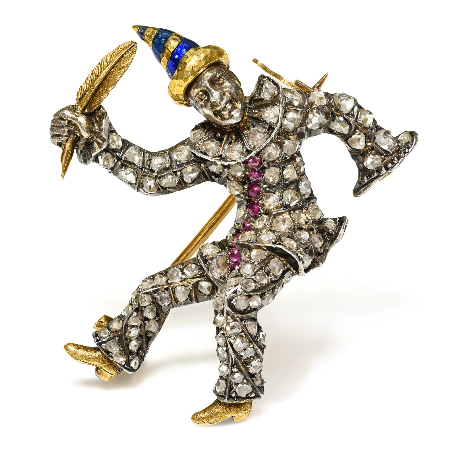 Antique French Diamond Ruby Harlequin Jester Brooch Silver 18K Gold Enamel