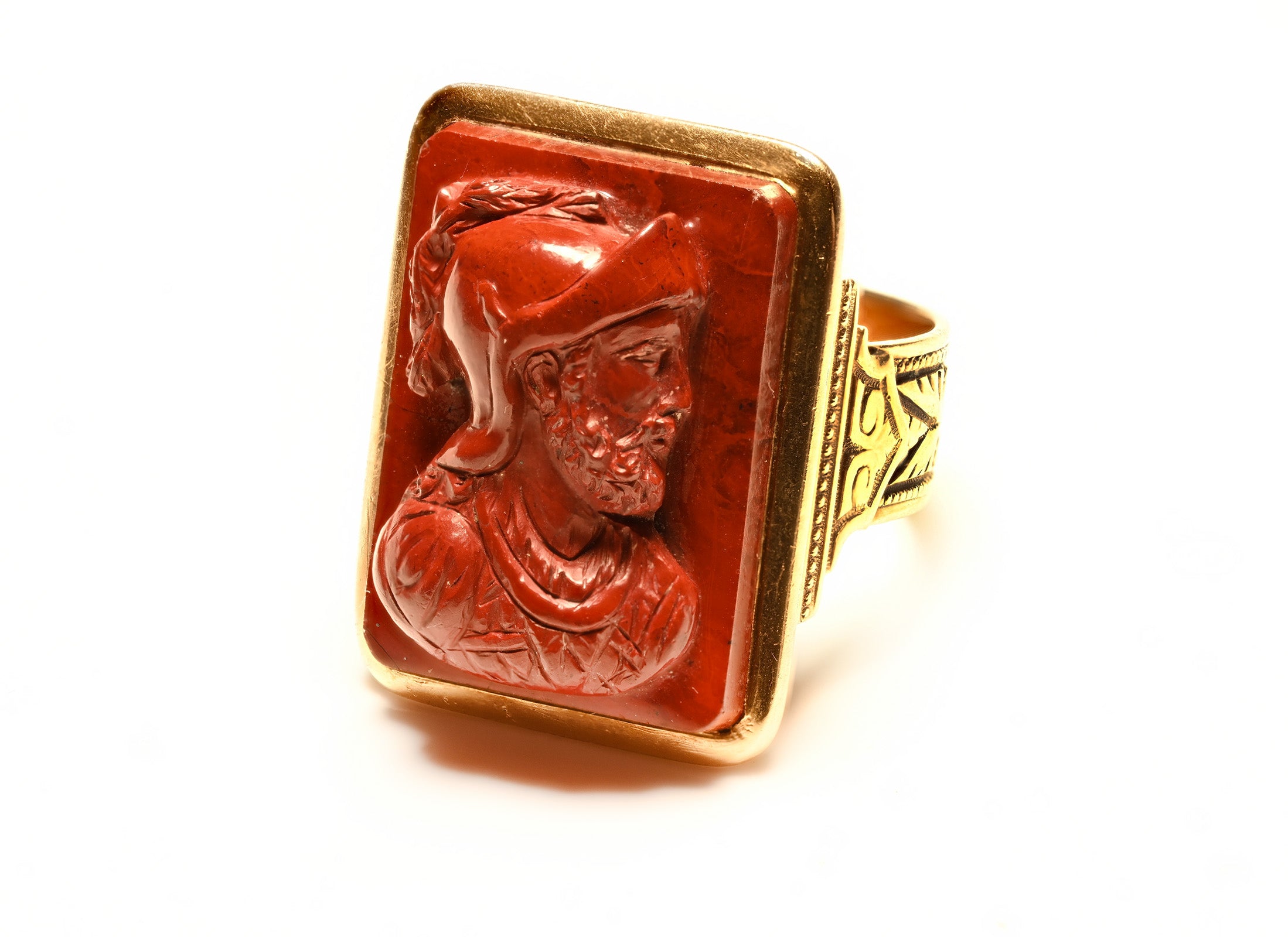 Antique Gold Carved Roman Soldier Jasper Men's Ring
