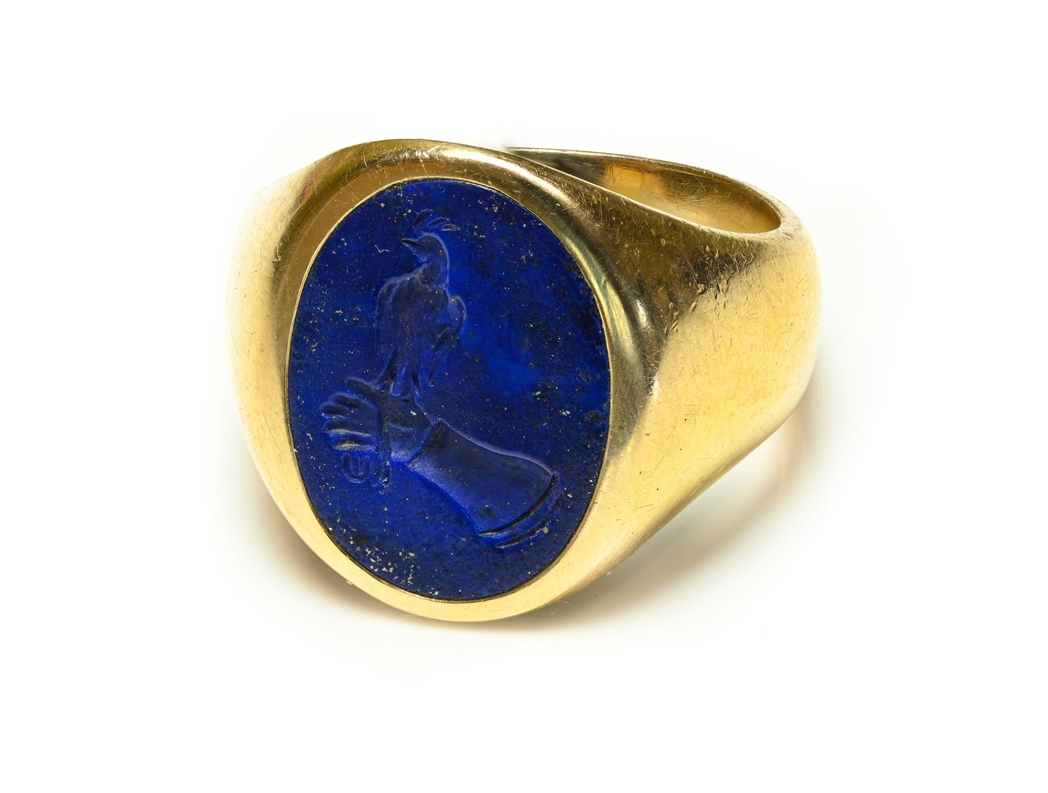 Antique Larter & Sons 14K Gold Carved Lapis Lazuli Crest Signet Ring