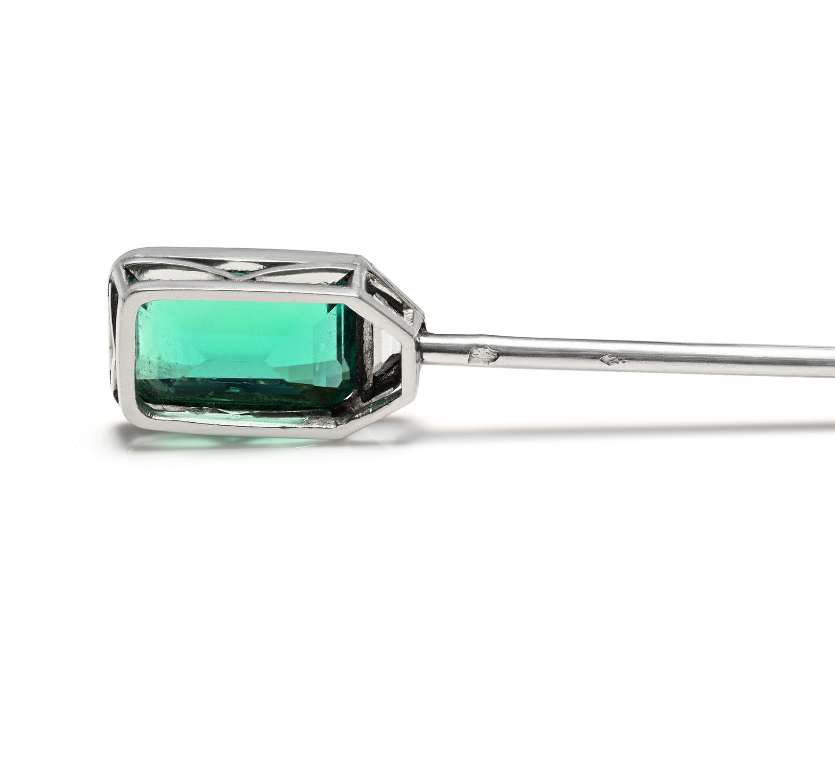 Antique French Hallmark Muzo Mine Colombian Emerald Diamond Stick Pin