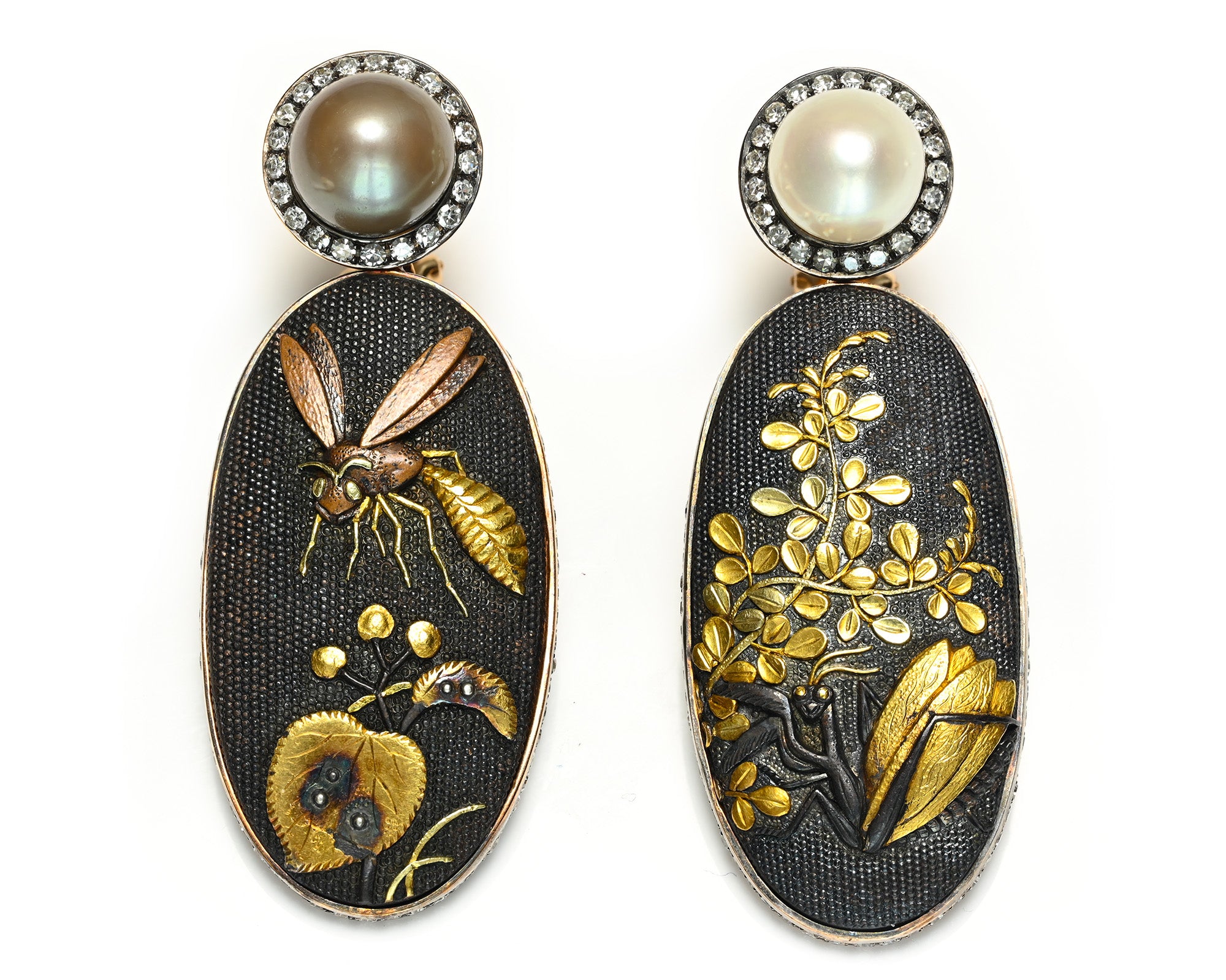 Antique Shakudo Gold Natural Pearl and Diamond Drop Earrings