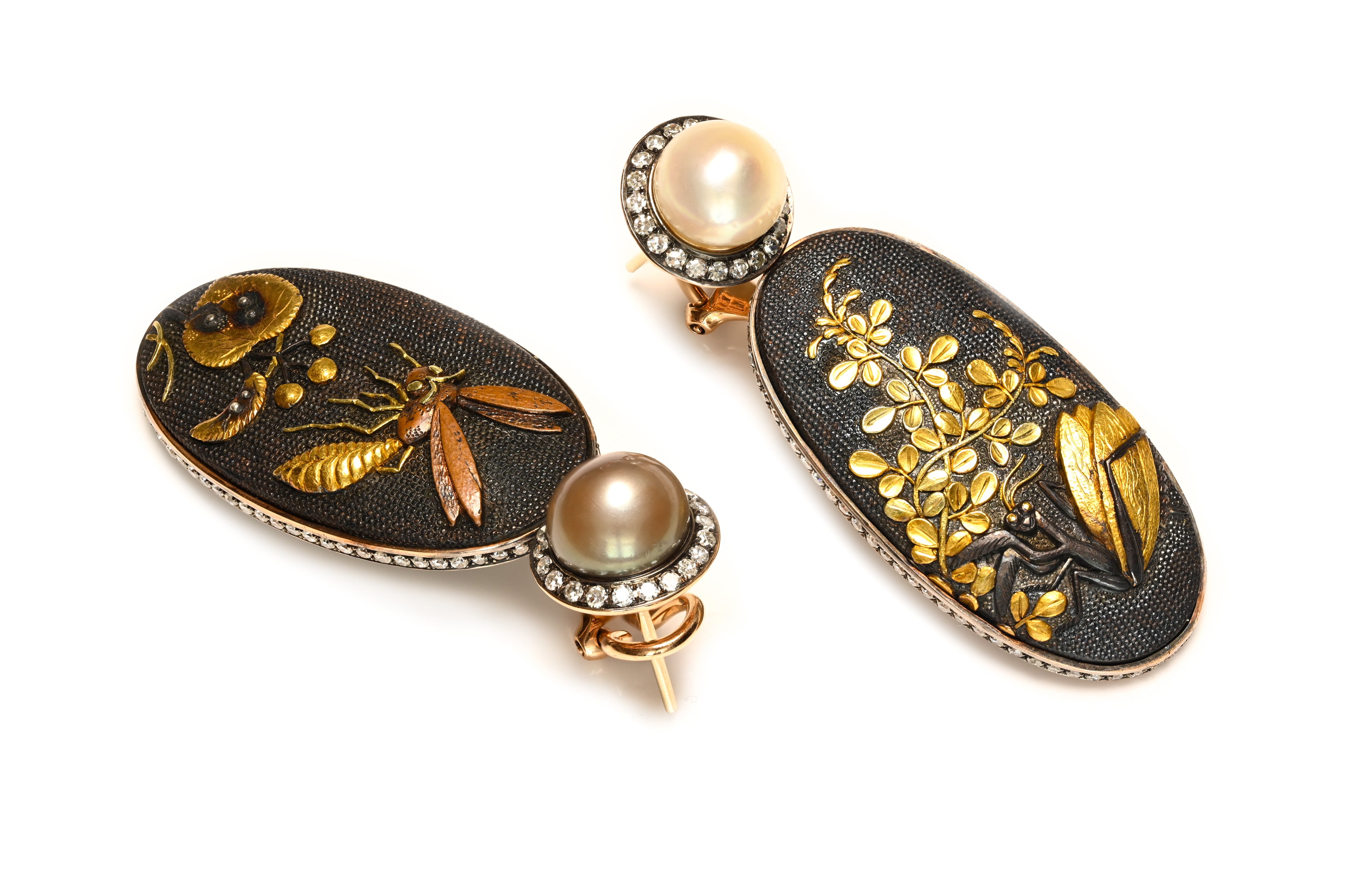 Antique Shakudo Gold Natural Pearl and Diamond Drop Earrings