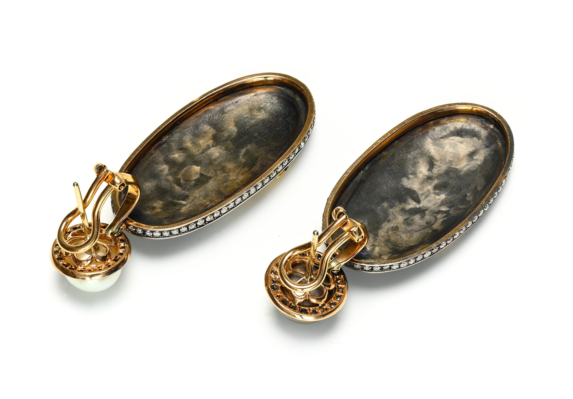 Antique Shakudo Gold Natural Pearl and Diamond Drop Earrings