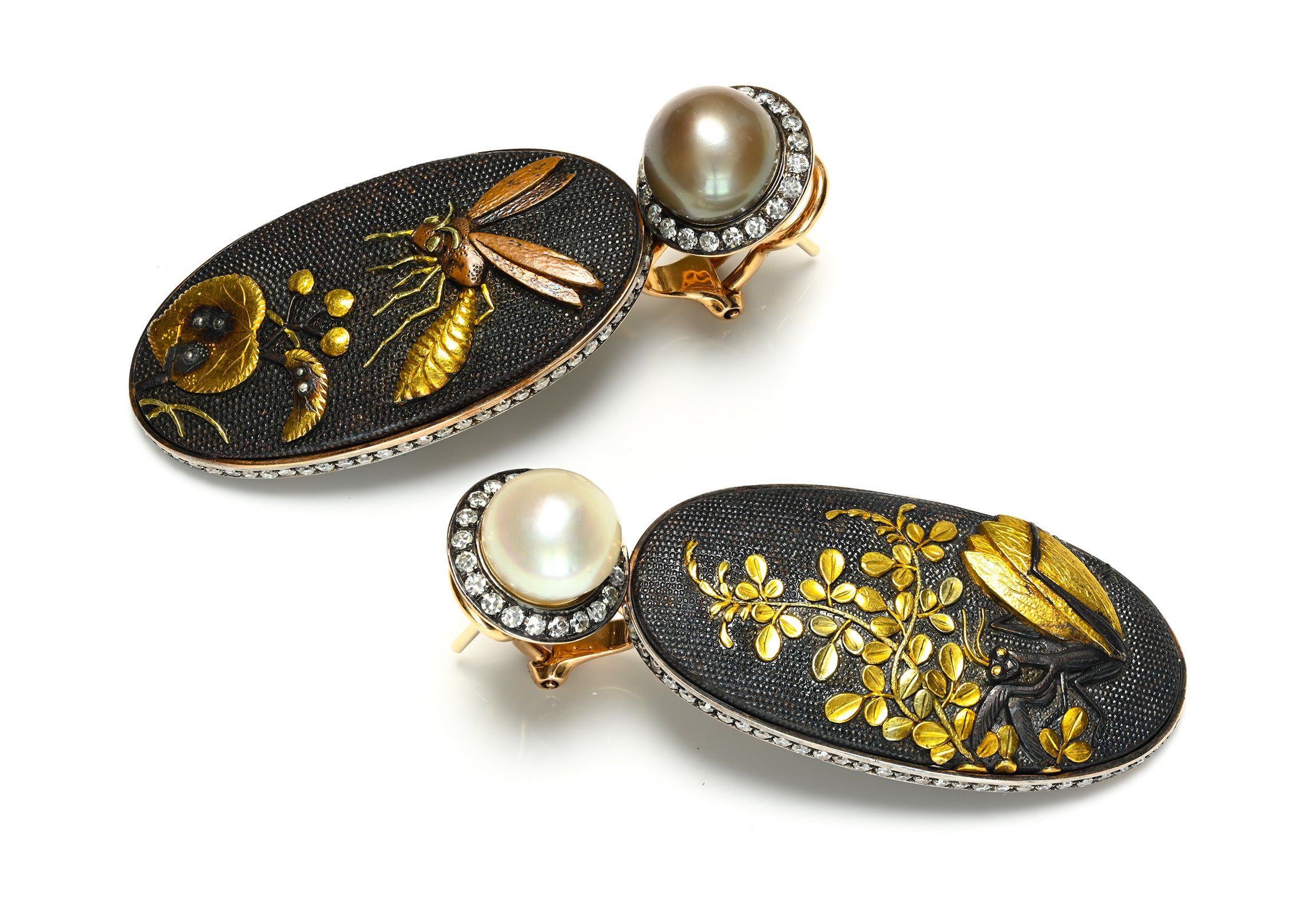 Antique Shakudo Gold Natural Pearl and Diamond Drop Earrings