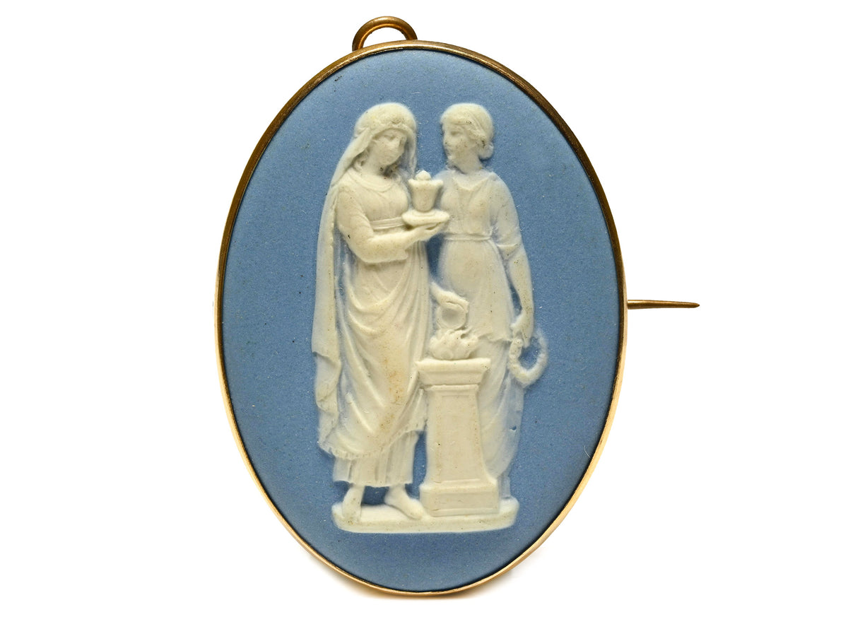 Antique Wedgwood Blue Jasperware Classical Scene Pendant Brooch in 9K Gold Frame