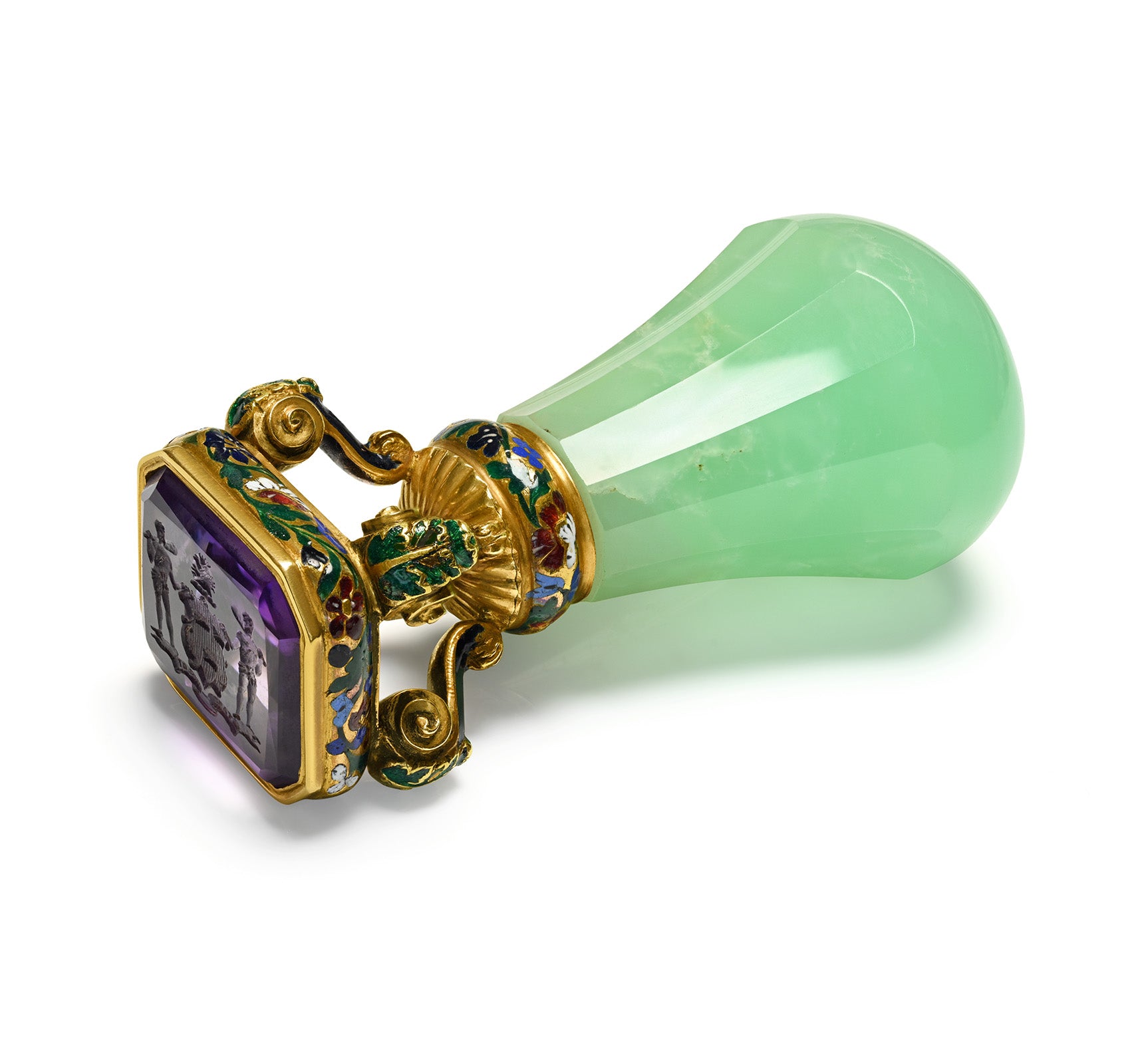 Antique 19th Century Gold Enamel Chrysoprase and Amethyst Heraldic Desk Wax Seal