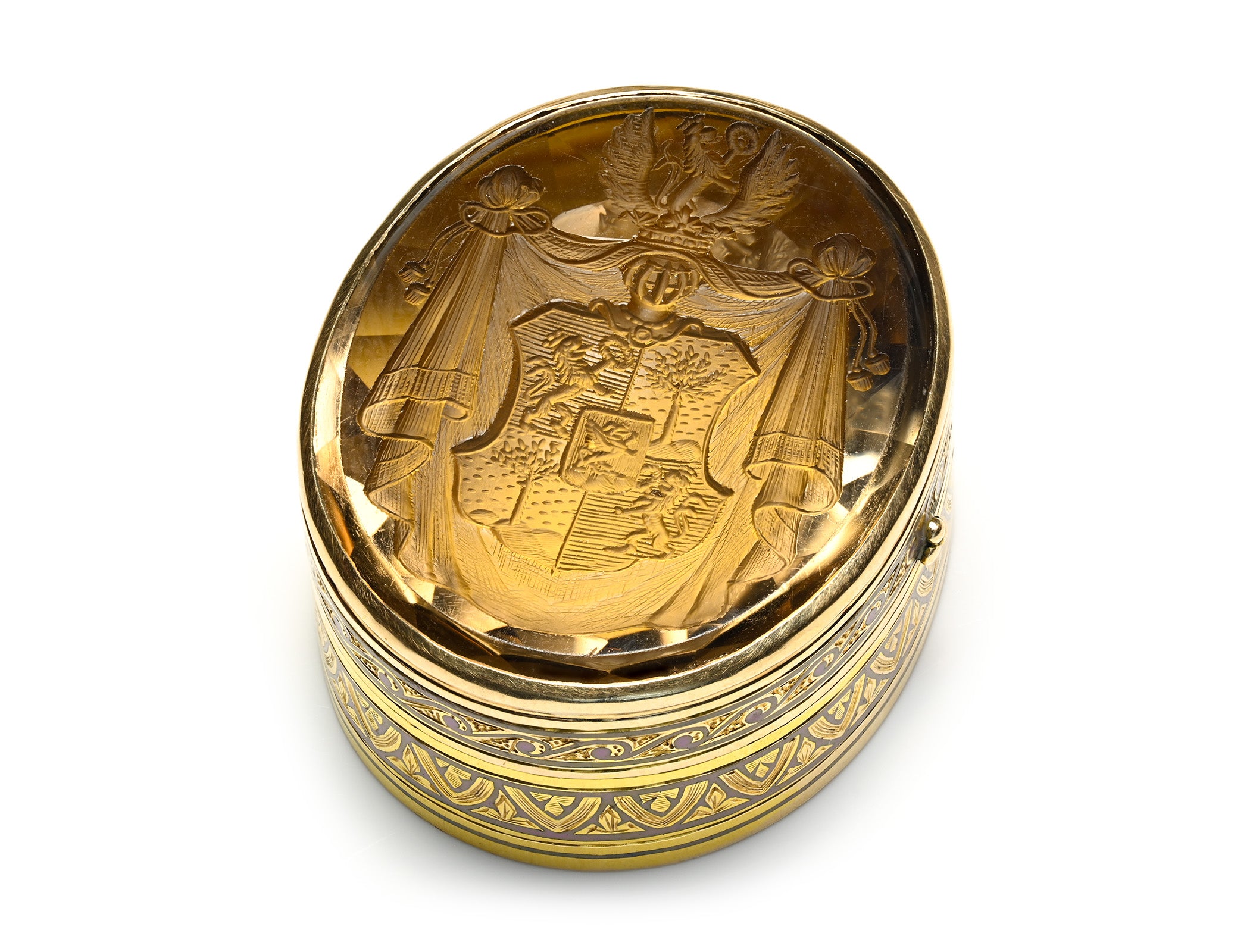 Antique Gold Snuff Box with Carved Crest Heraldic Citrine Lid