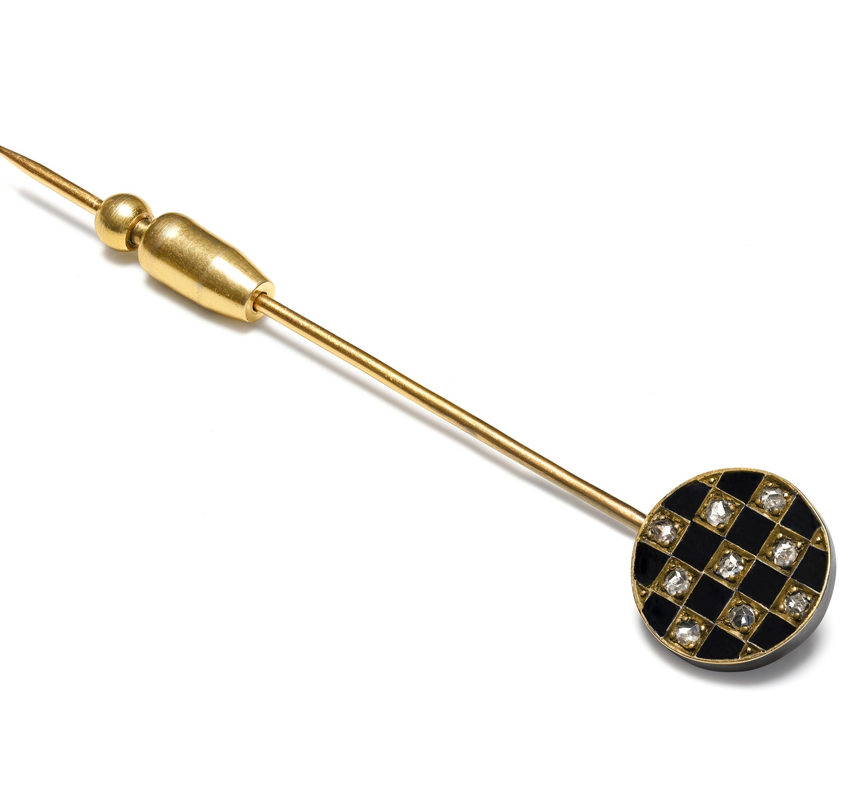 Antique French 18K Gold Onyx Diamond Stick Pin with Safety Plunger