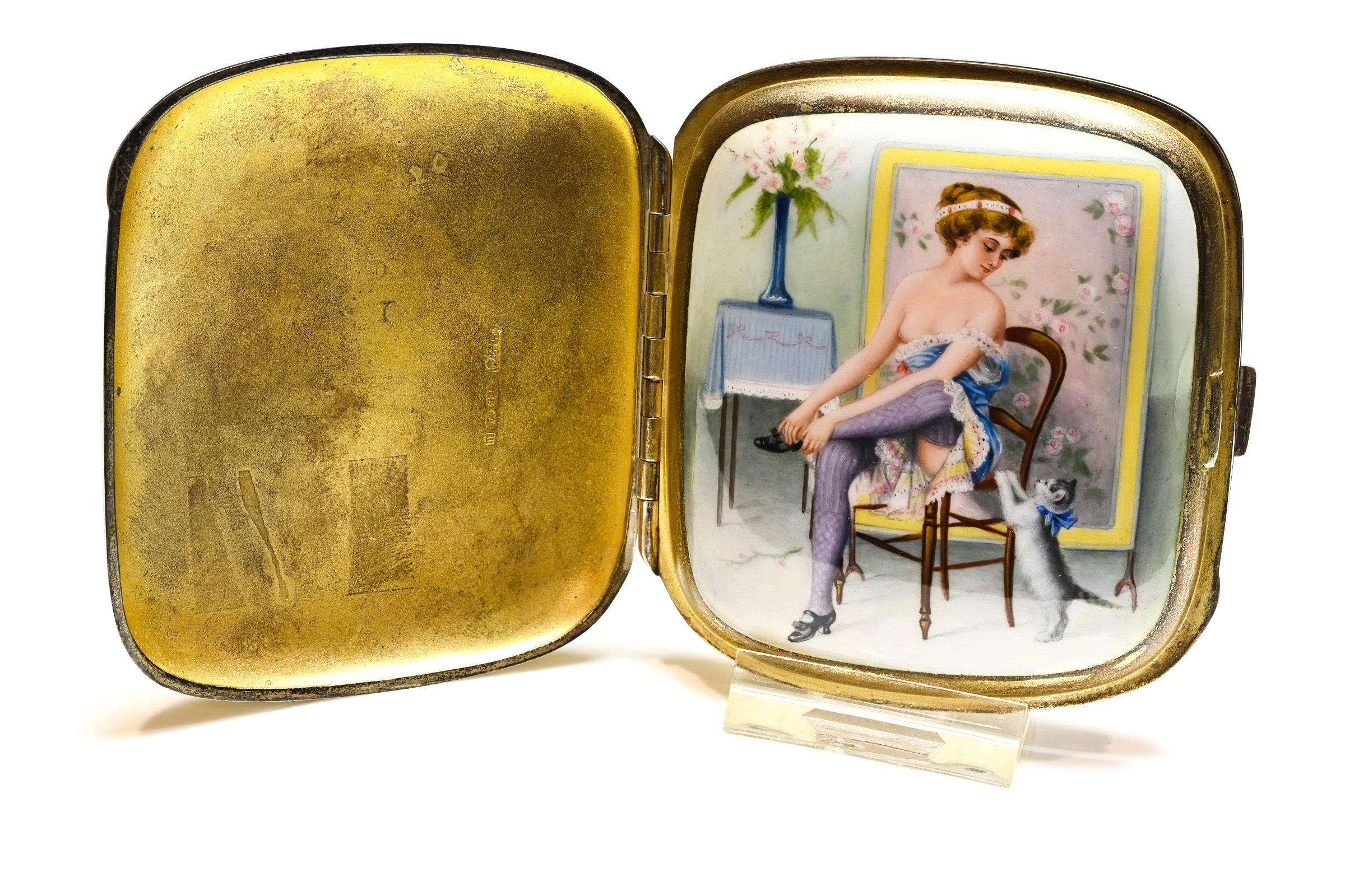 Antique Erotic Nude Enamel Silver Case: Mistress with Lady Cat