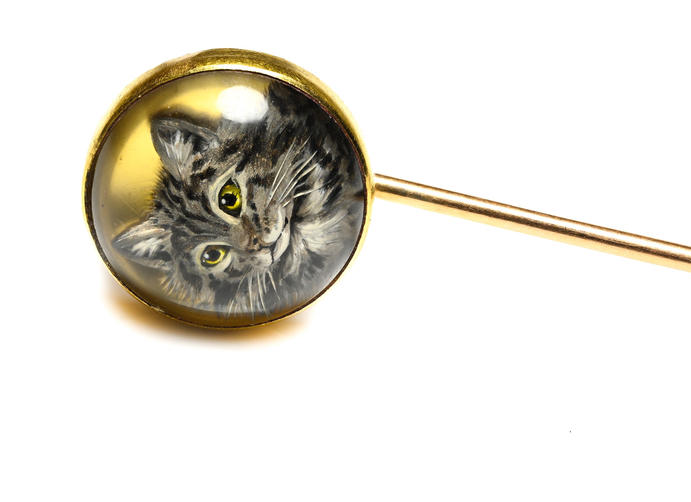 French 18K Gold Cat Stick Pin Reverse Crystal Antique