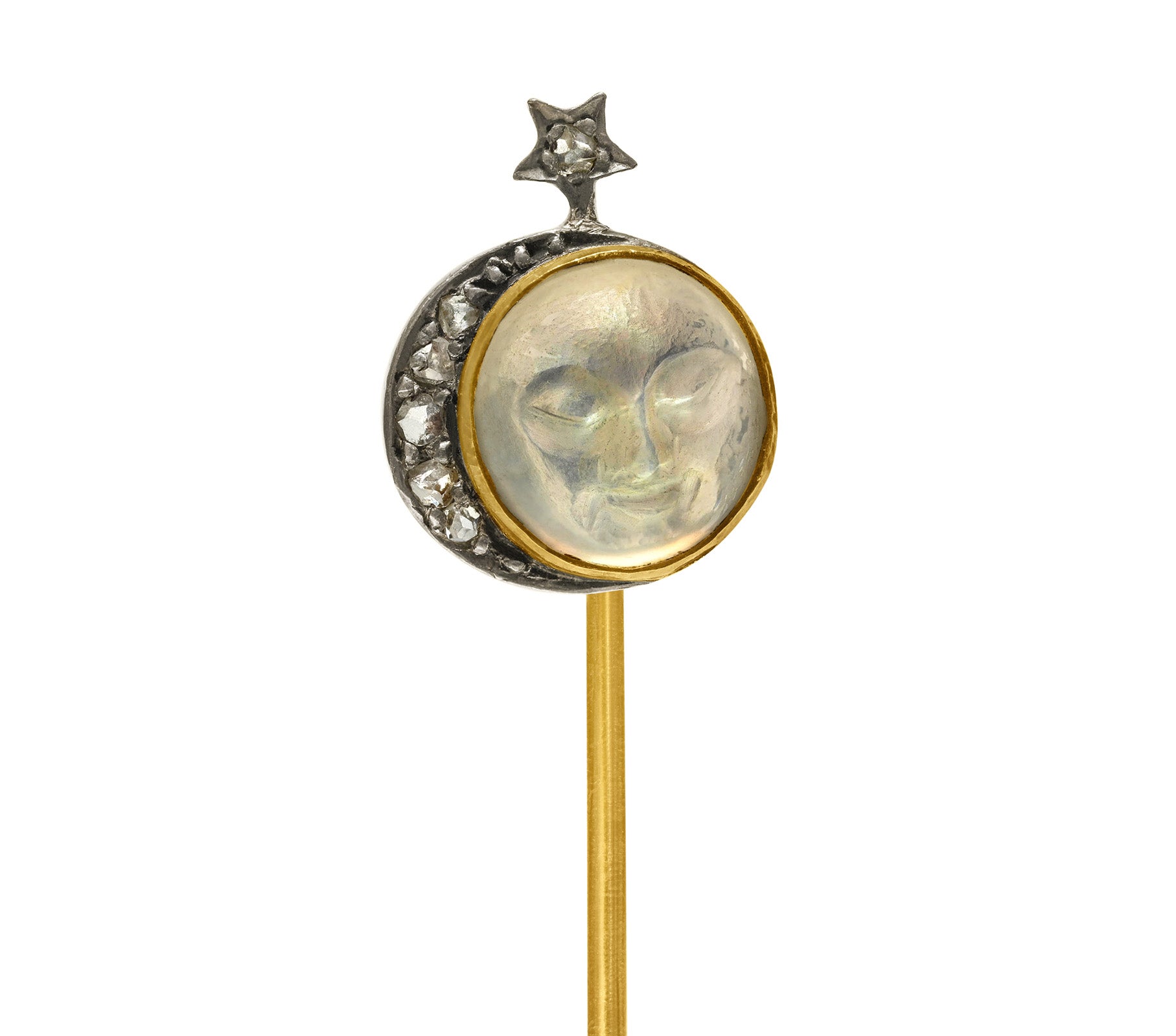 Antique French 18K Gold Moonstone Diamond Stick Pin