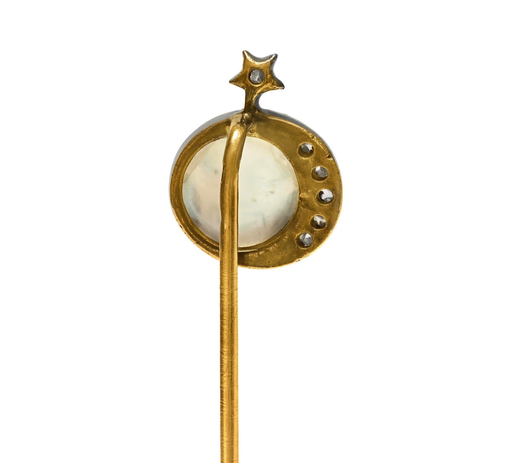 Antique French 18K Gold Moonstone Diamond Stick Pin Back