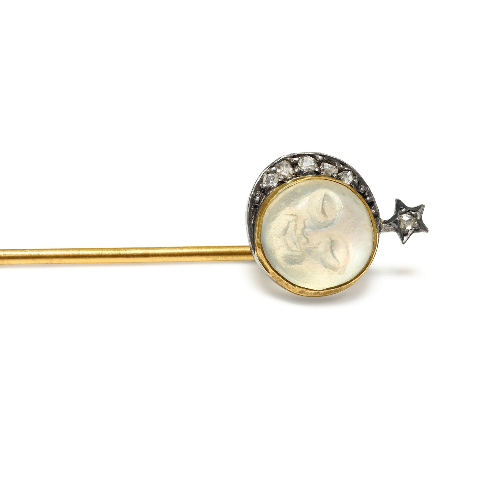 Antique French 18K Gold Moonstone Diamond Stick Pin