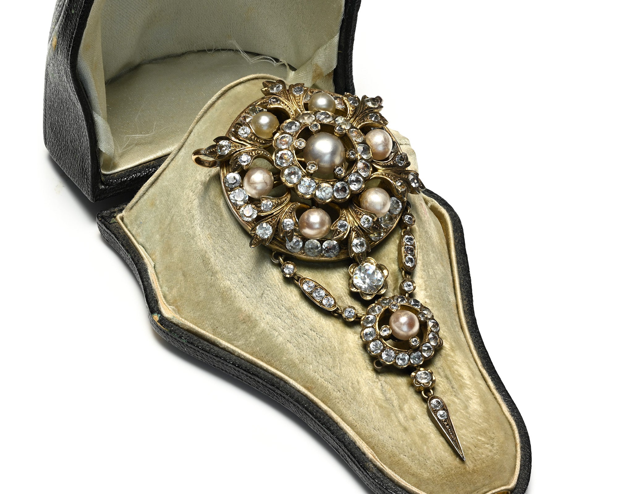 Antique French Silver Gold Paste Faux Pearl Brooch in box