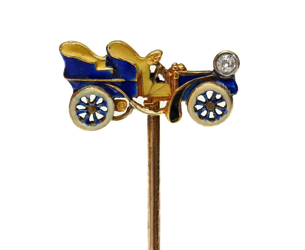 Antique Gold Automobile Stick Pin Blue Enamel Diamond