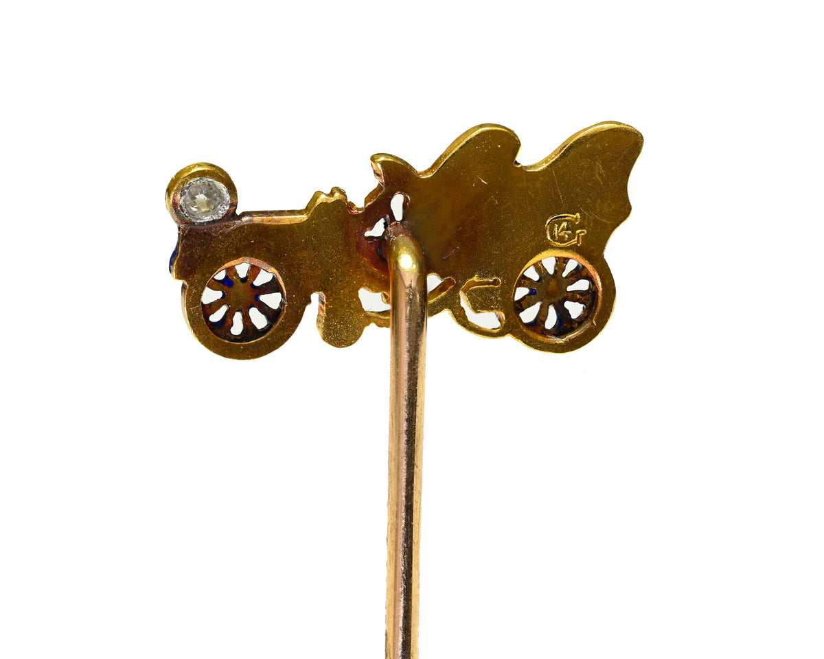 Antique Gold Automobile Stick Pin with Blue Enamel and Diamond