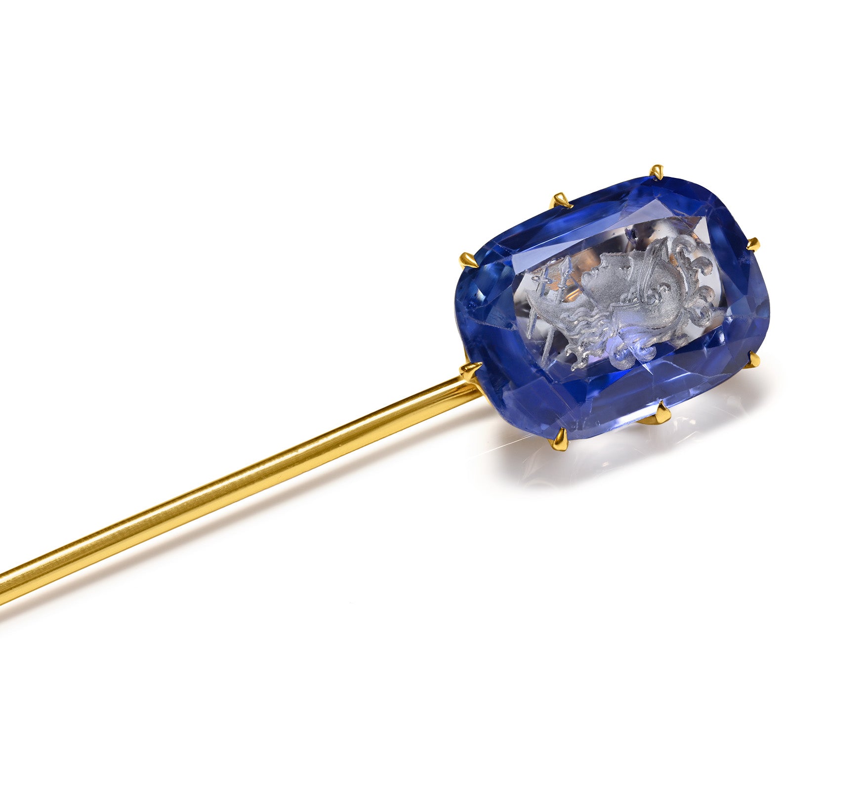 Rare Kashmir Sapphire Carved Intaglio Gold Stick Pin, 5.20 Cts AGL Certificate Antique