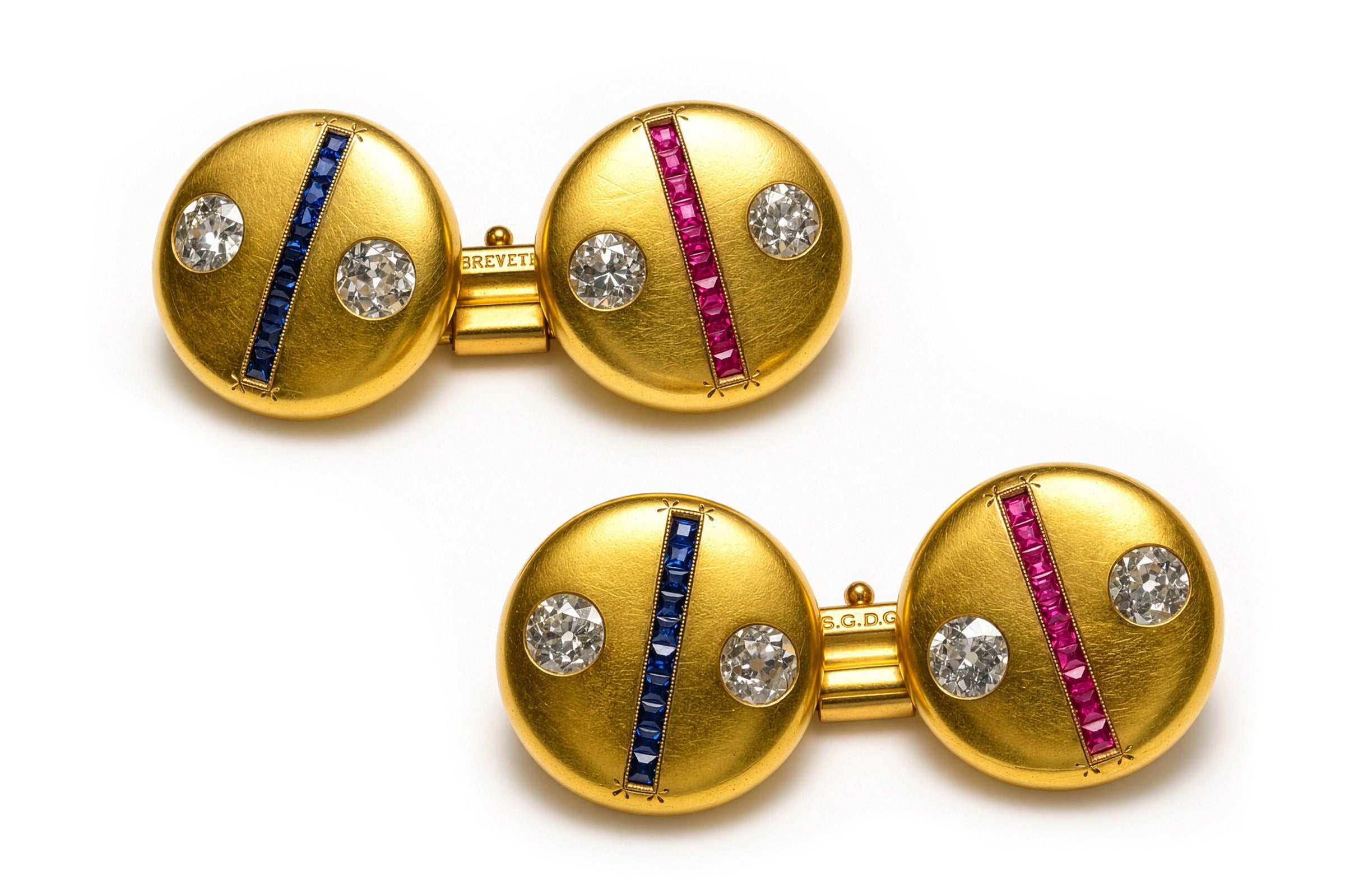 Antique Diamond Ruby Sapphire 18K Gold Cufflinks