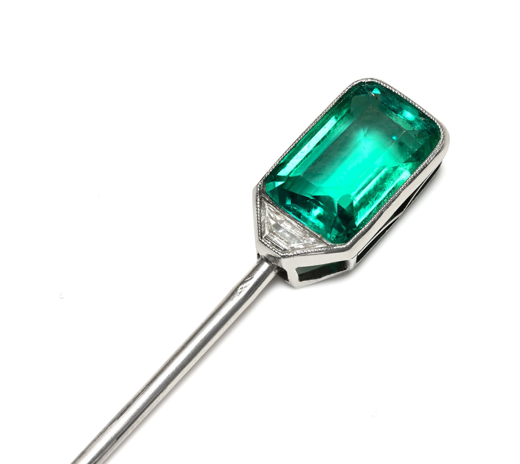 Rare 2 Carat Muzo Mine Colombian Emerald Diamond Stick Pin