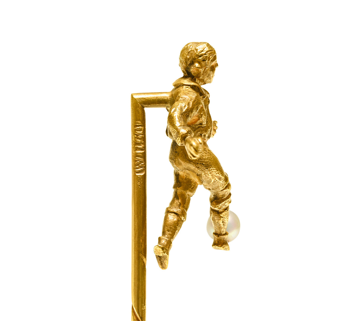 Antique Gold Football Player Stick Pin with Pearl Hallmark